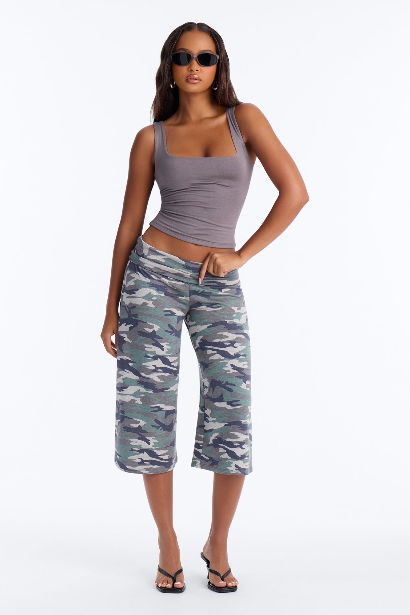 Kiki Camoflauge Low Rise Foldover Gaucho Pant - Green/combo image 6