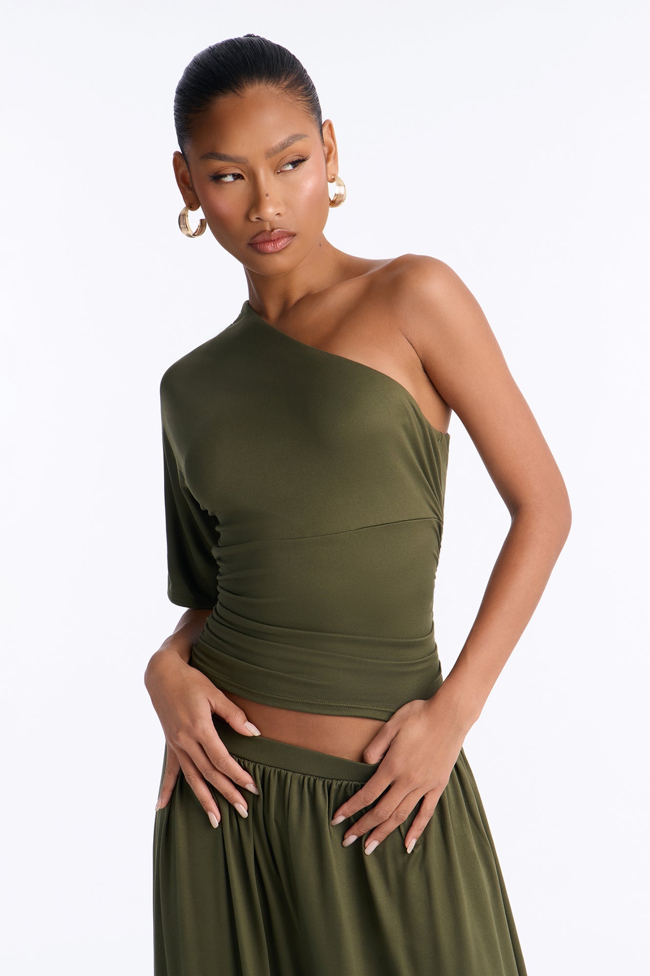 Megan One Shoulder Balloon Pant Set - Olive image 6