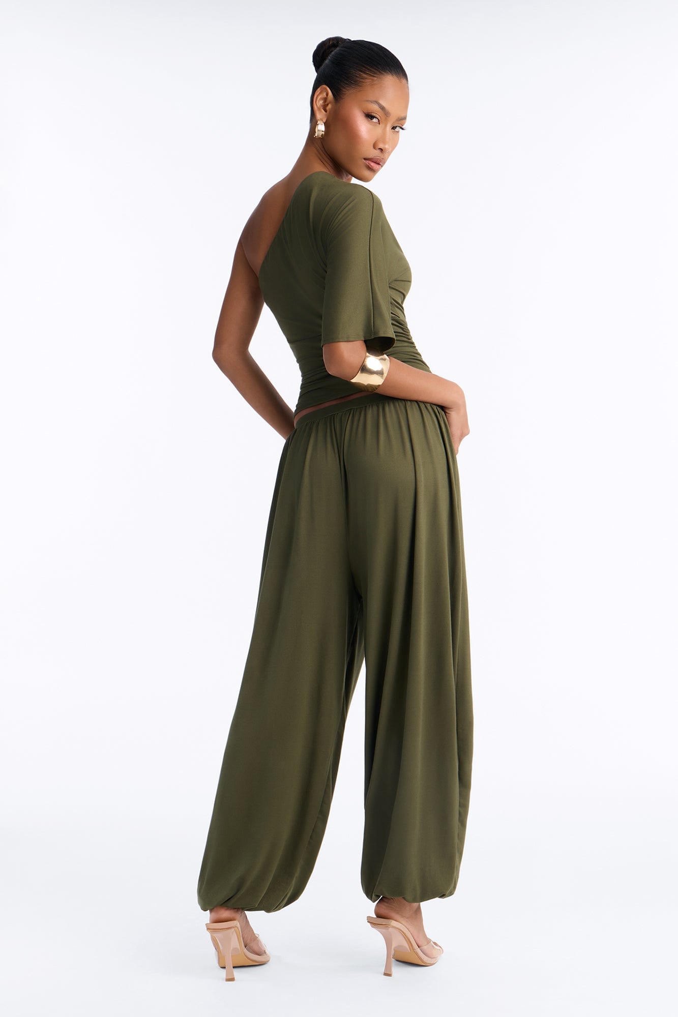 Megan One Shoulder Balloon Pant Set - Olive image 8