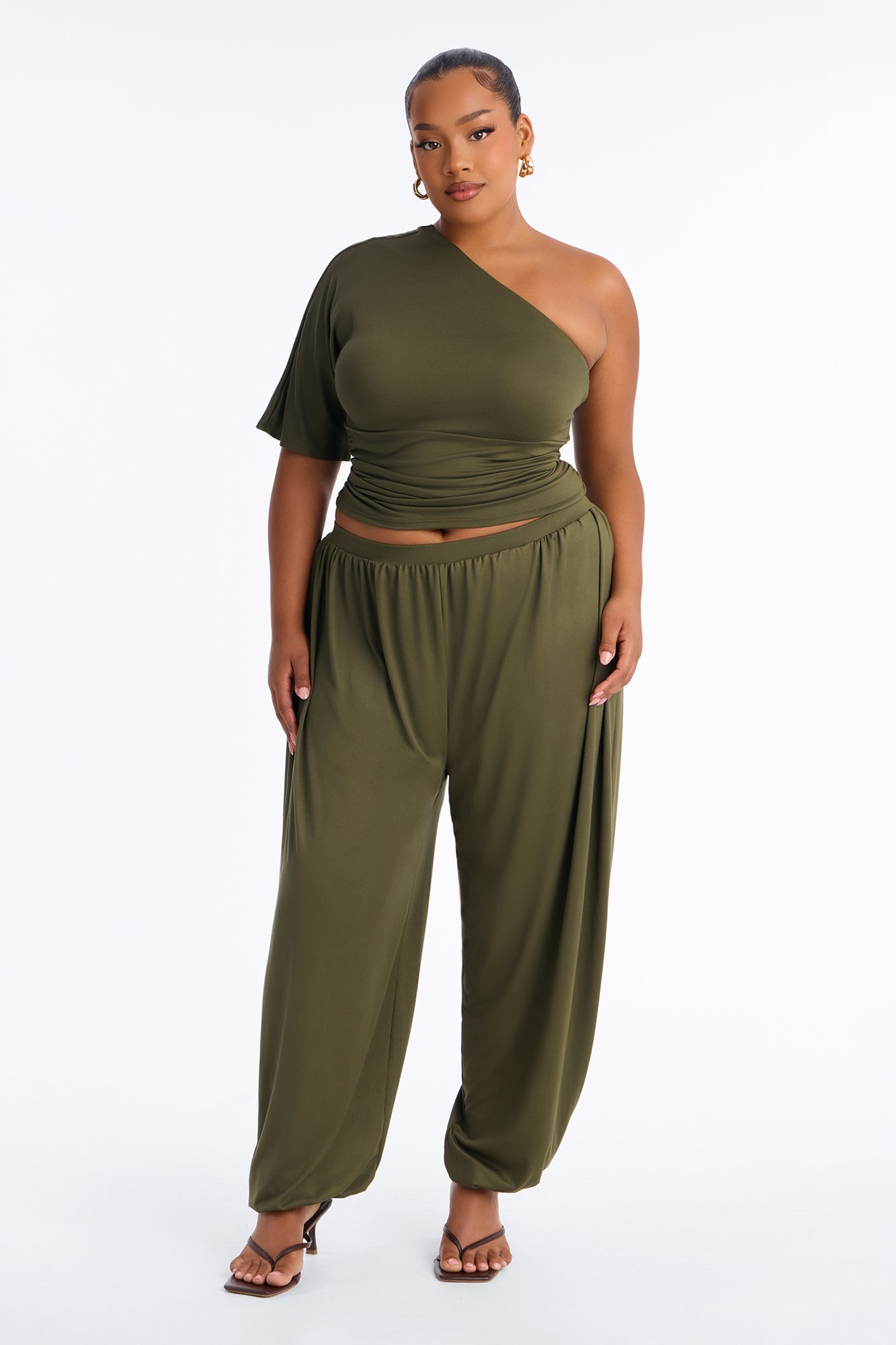 Megan One Shoulder Balloon Pant Set - Olive image 1