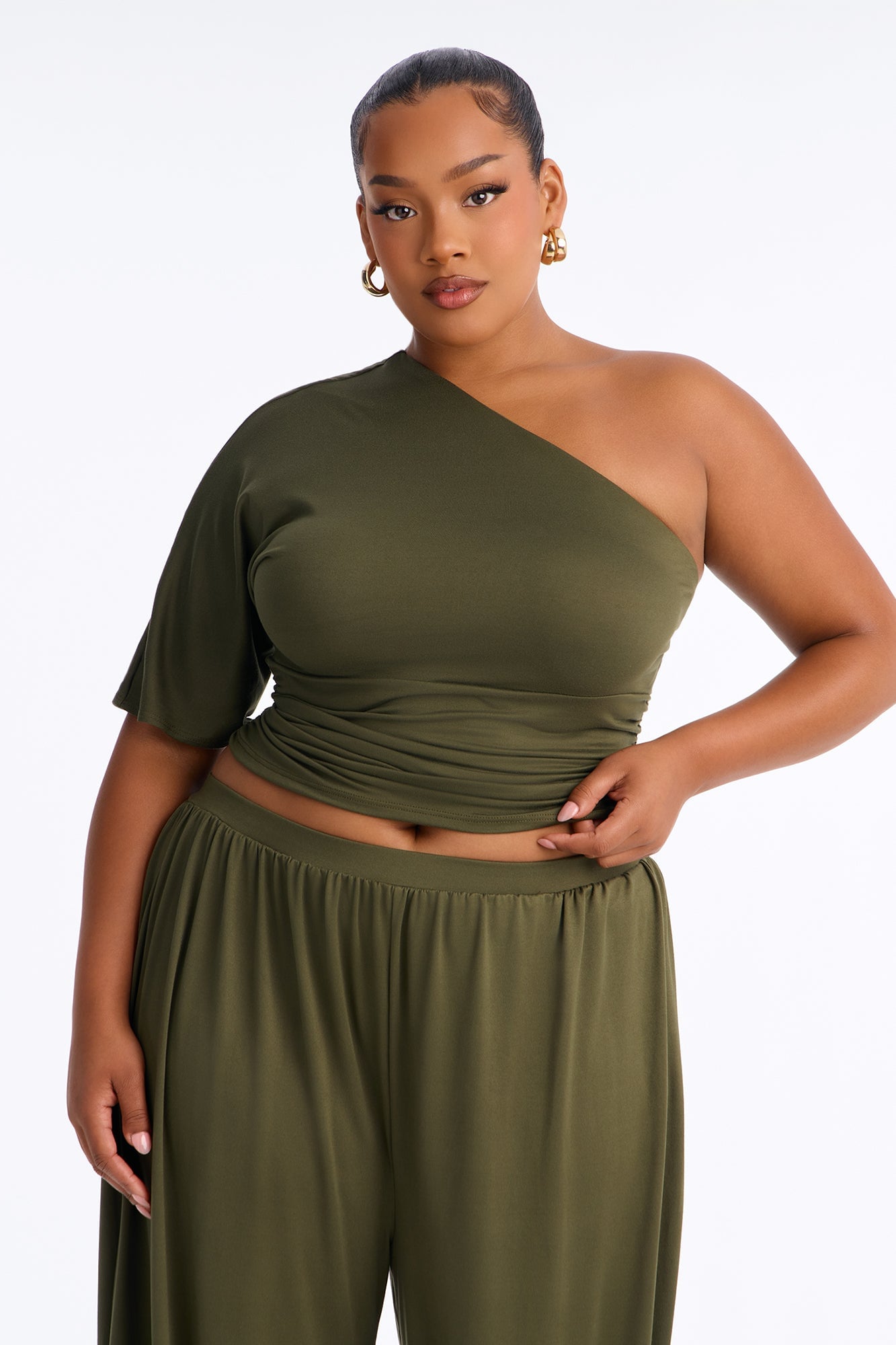 Megan One Shoulder Balloon Pant Set - Olive image 2