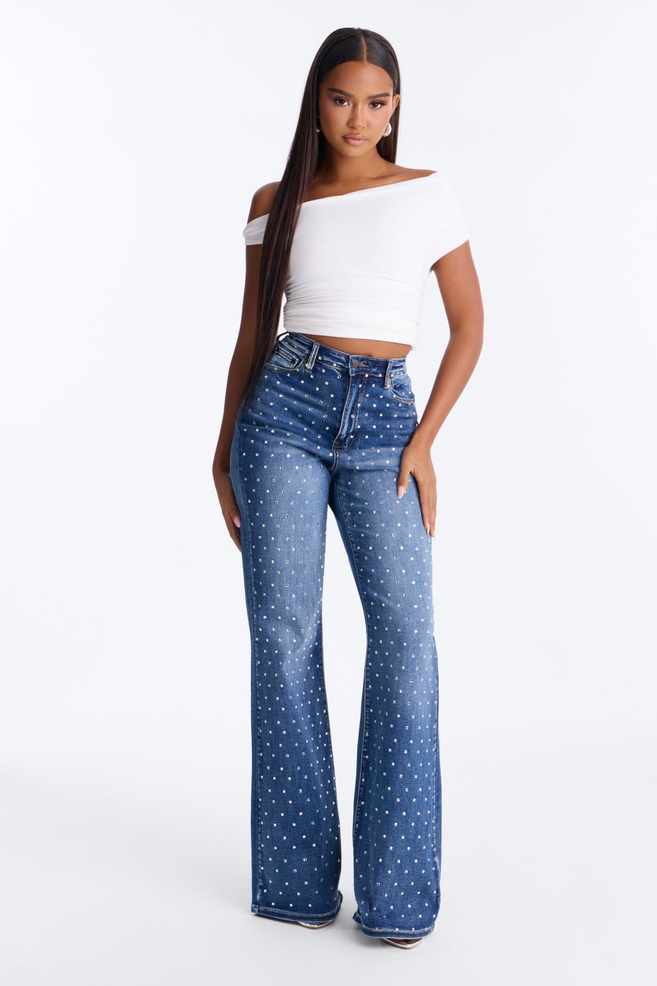 Stare Down High Rise Embellished Stretch Flare Jeans - Dark Wash image 2