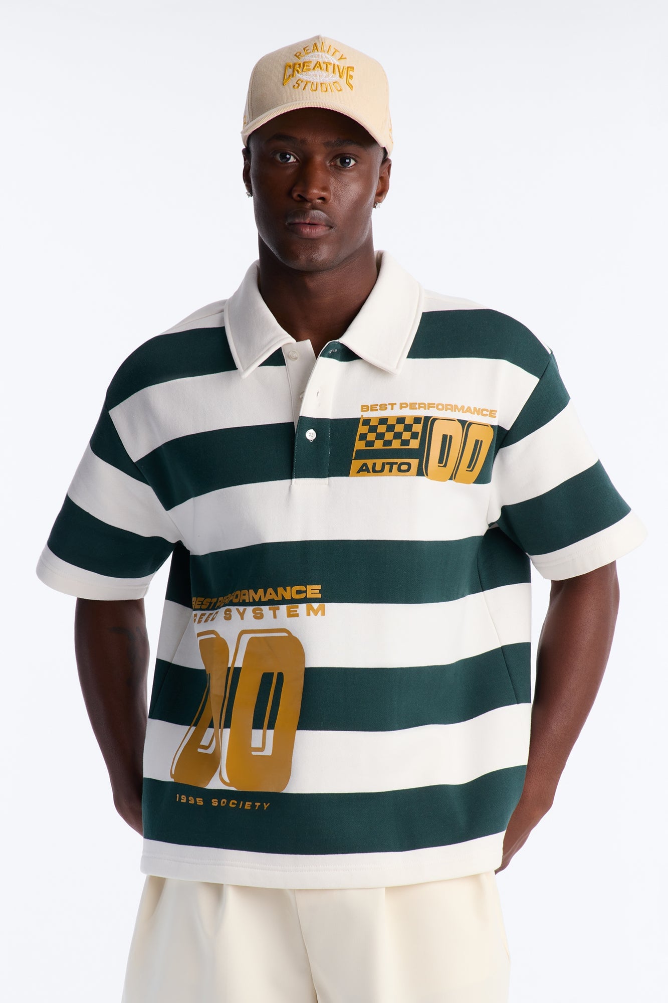 Racing Society Stripe Short Sleeve Fleece Polo - Green/combo image 5