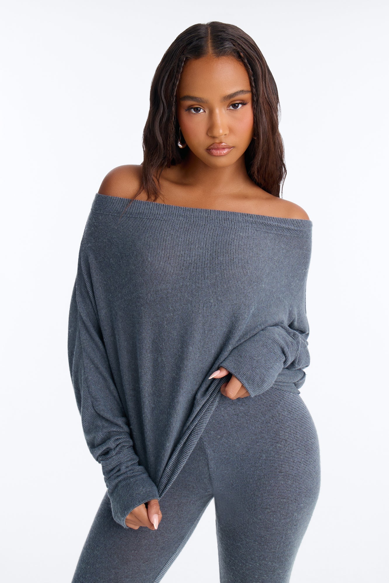 Clara Off Shoulder Hacci Capri Set - Grey image 6