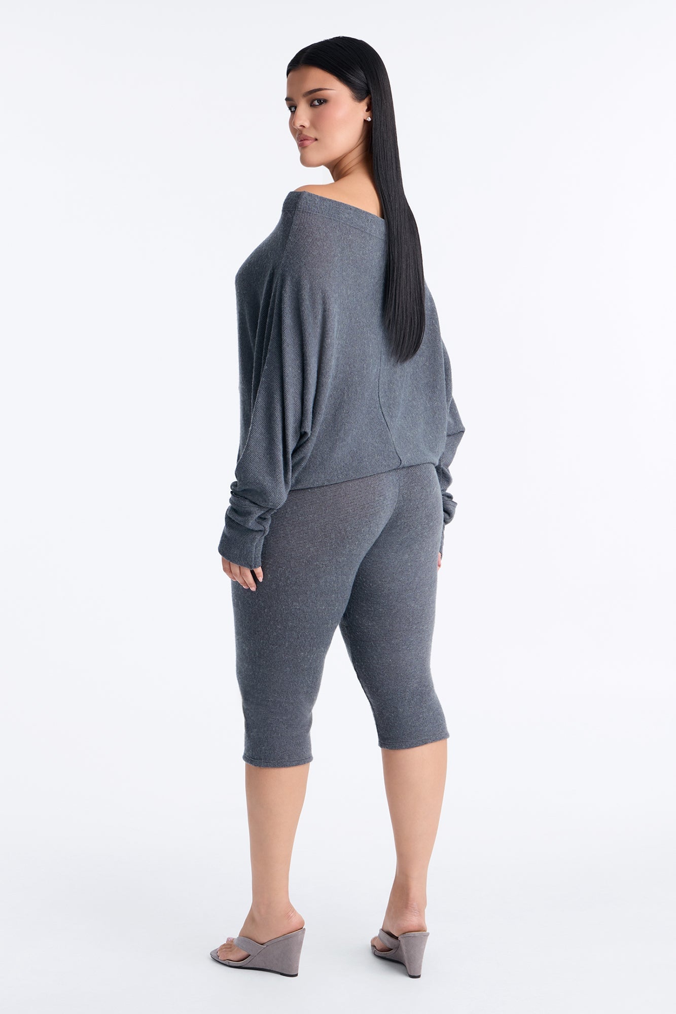 Clara Off Shoulder Hacci Capri Set - Grey image 4