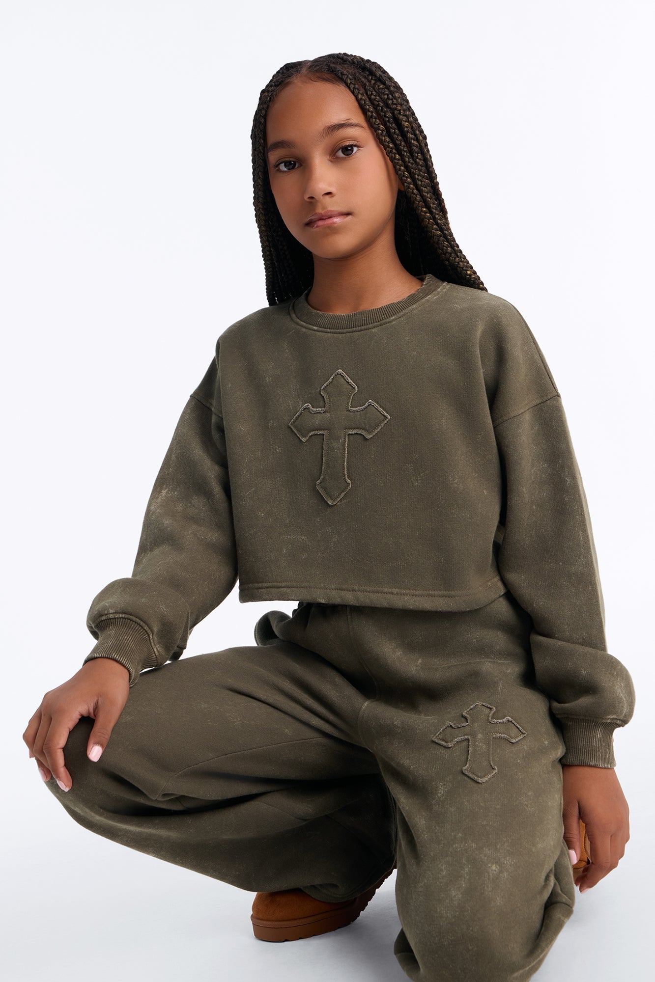 Mini Hidden Cross Fleece Pant Set - Olive image 1