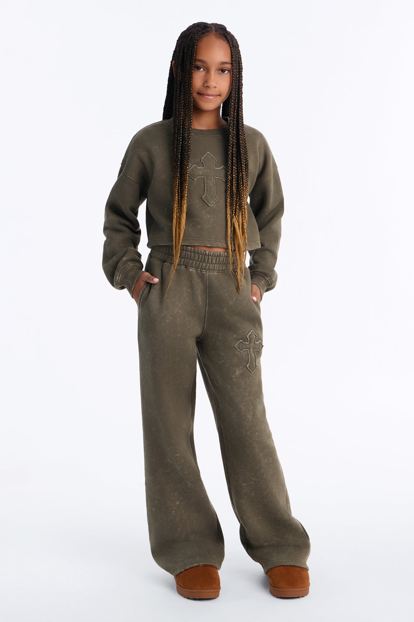 Mini Hidden Cross Fleece Pant Set - Olive image 2
