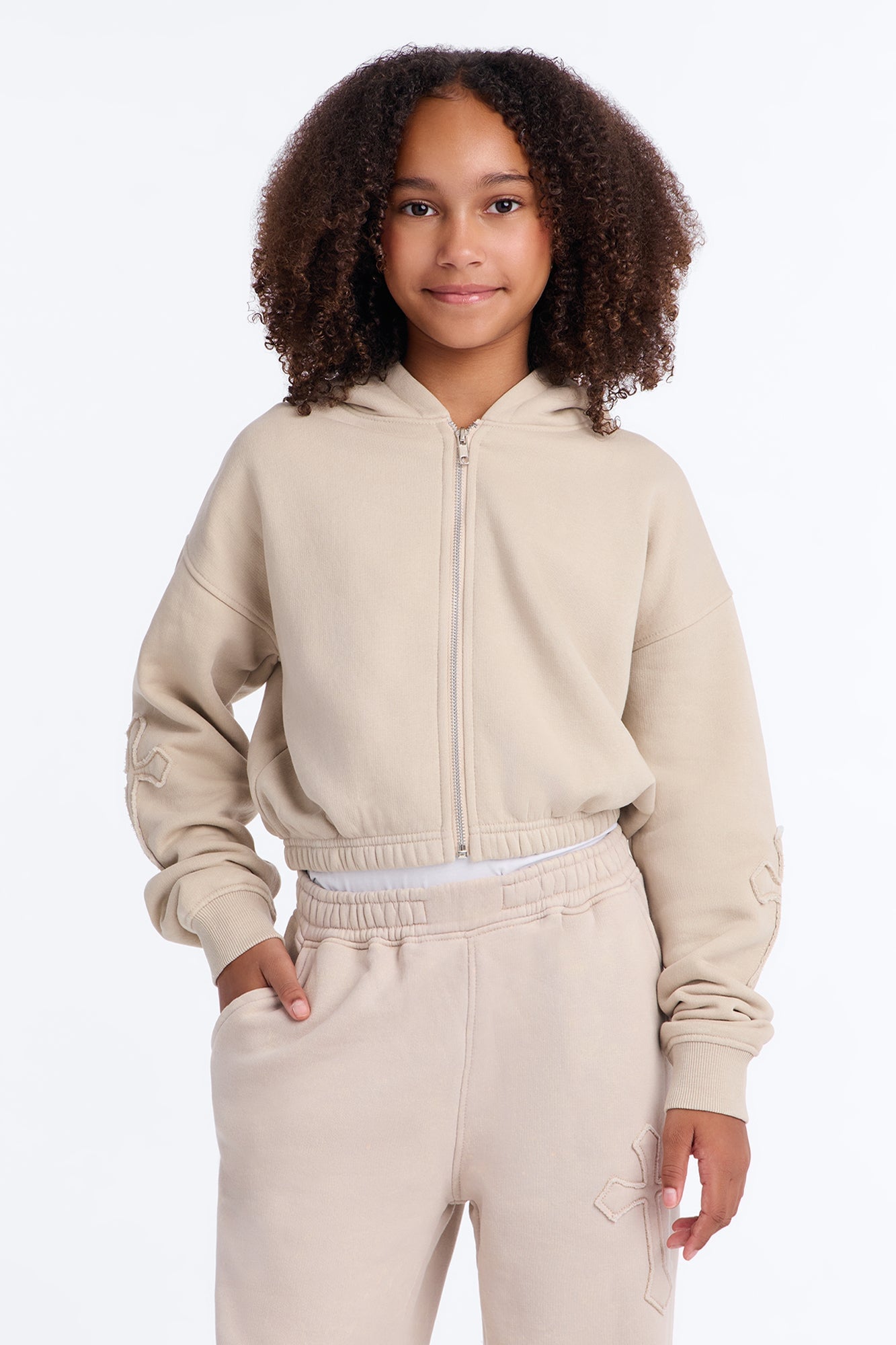 Mini Don't Cross Me Washed Fleece Lounge Hoodie - Stone image 1