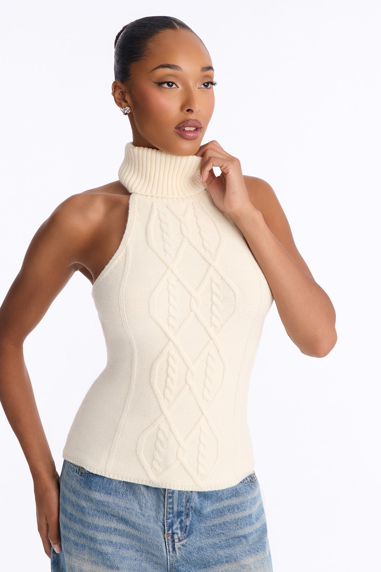 Morning Breeze Backless Halter Sweater Top - Cream image 2