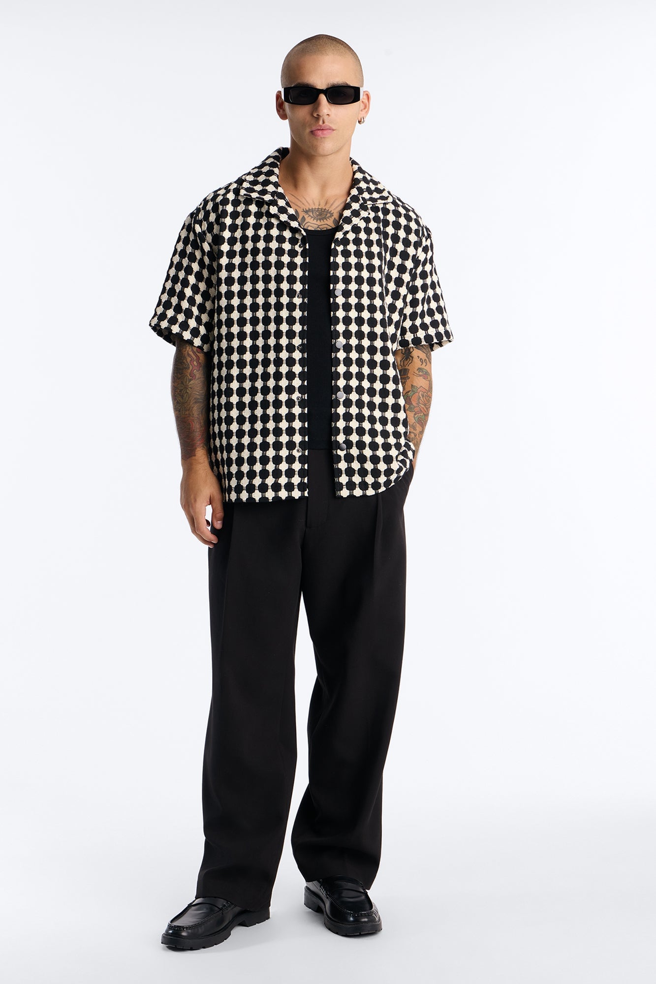 Relaxed Weaved Jacquard Cuban Collar Button Up Shirt - Black/combo image 5