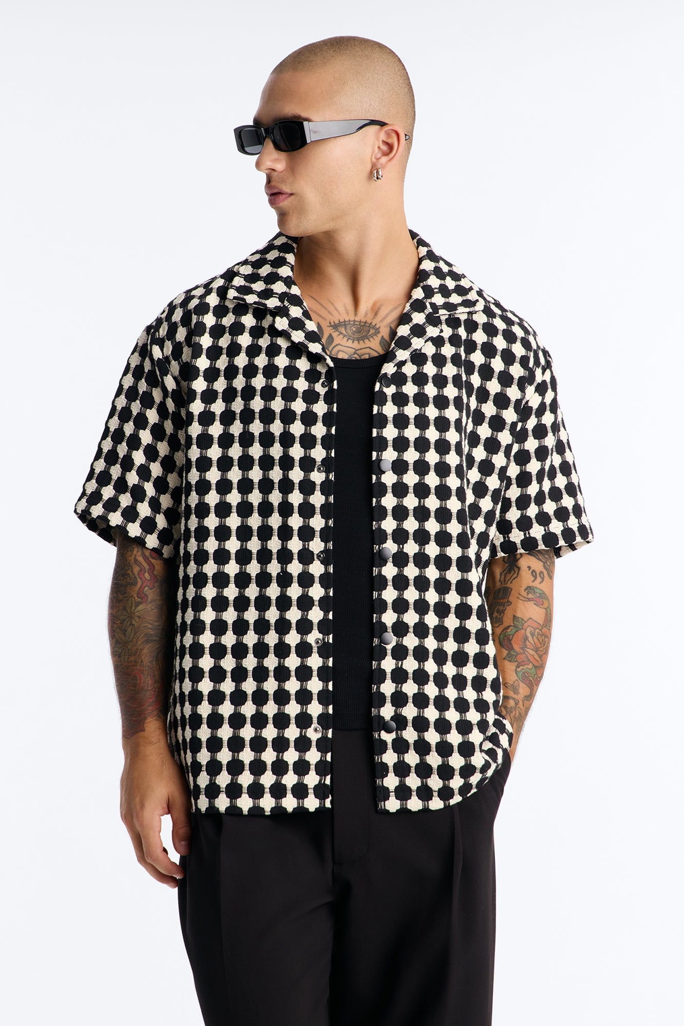 Relaxed Weaved Jacquard Cuban Collar Button Up Shirt - Black/combo image 6