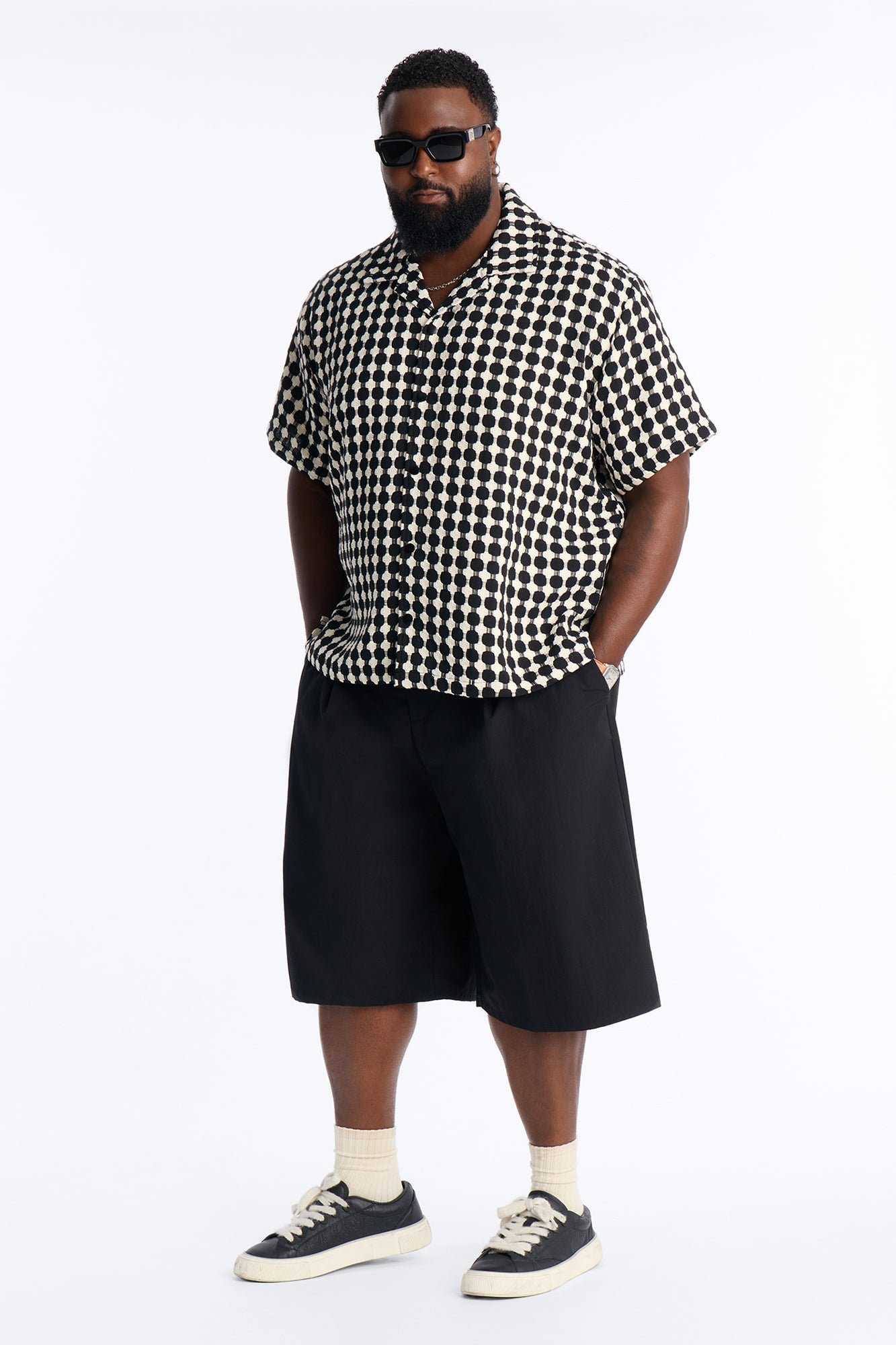Relaxed Weaved Jacquard Cuban Collar Button Up Shirt - Black/combo image 2