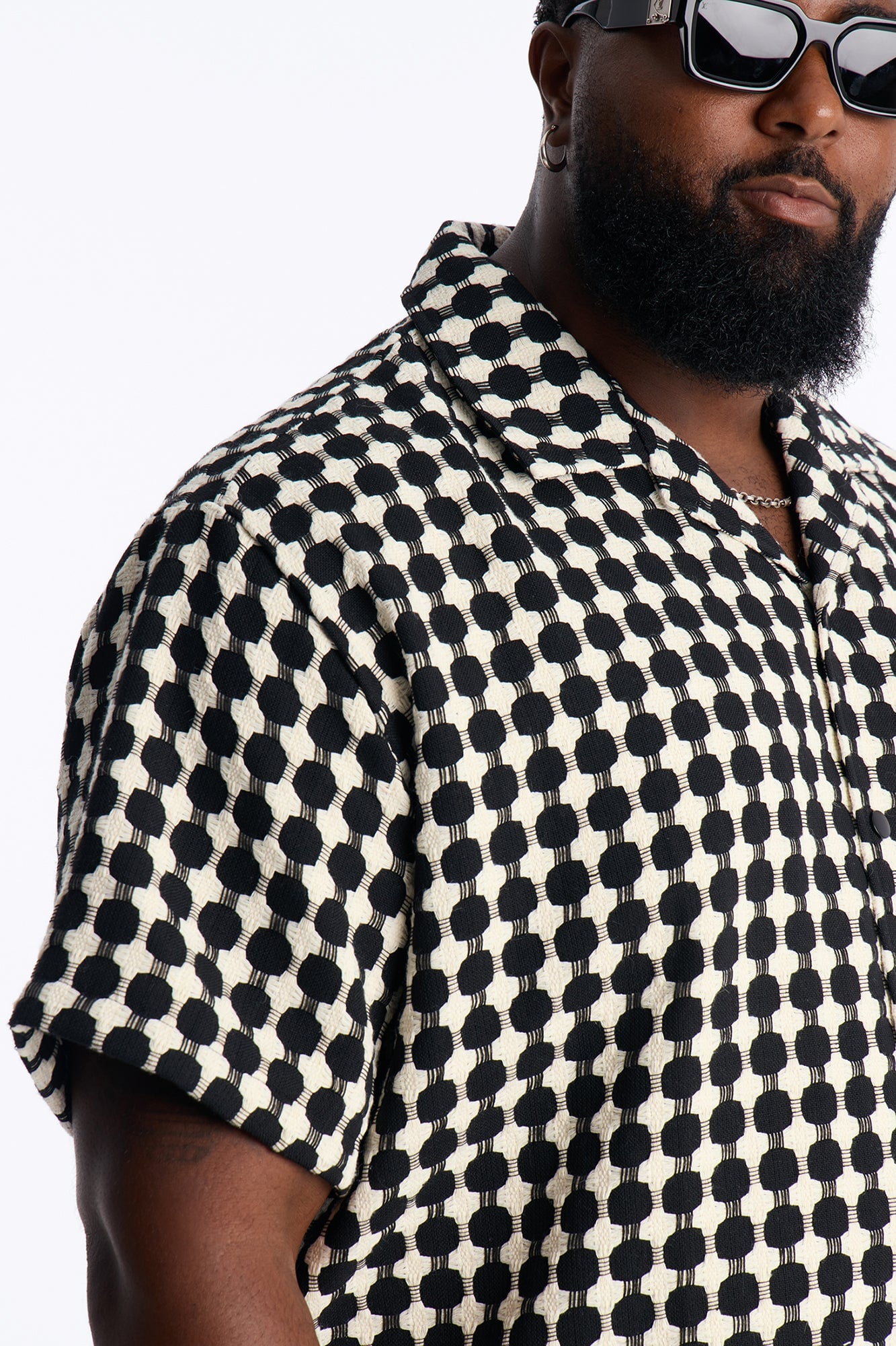 Relaxed Weaved Jacquard Cuban Collar Button Up Shirt - Black/combo image 3