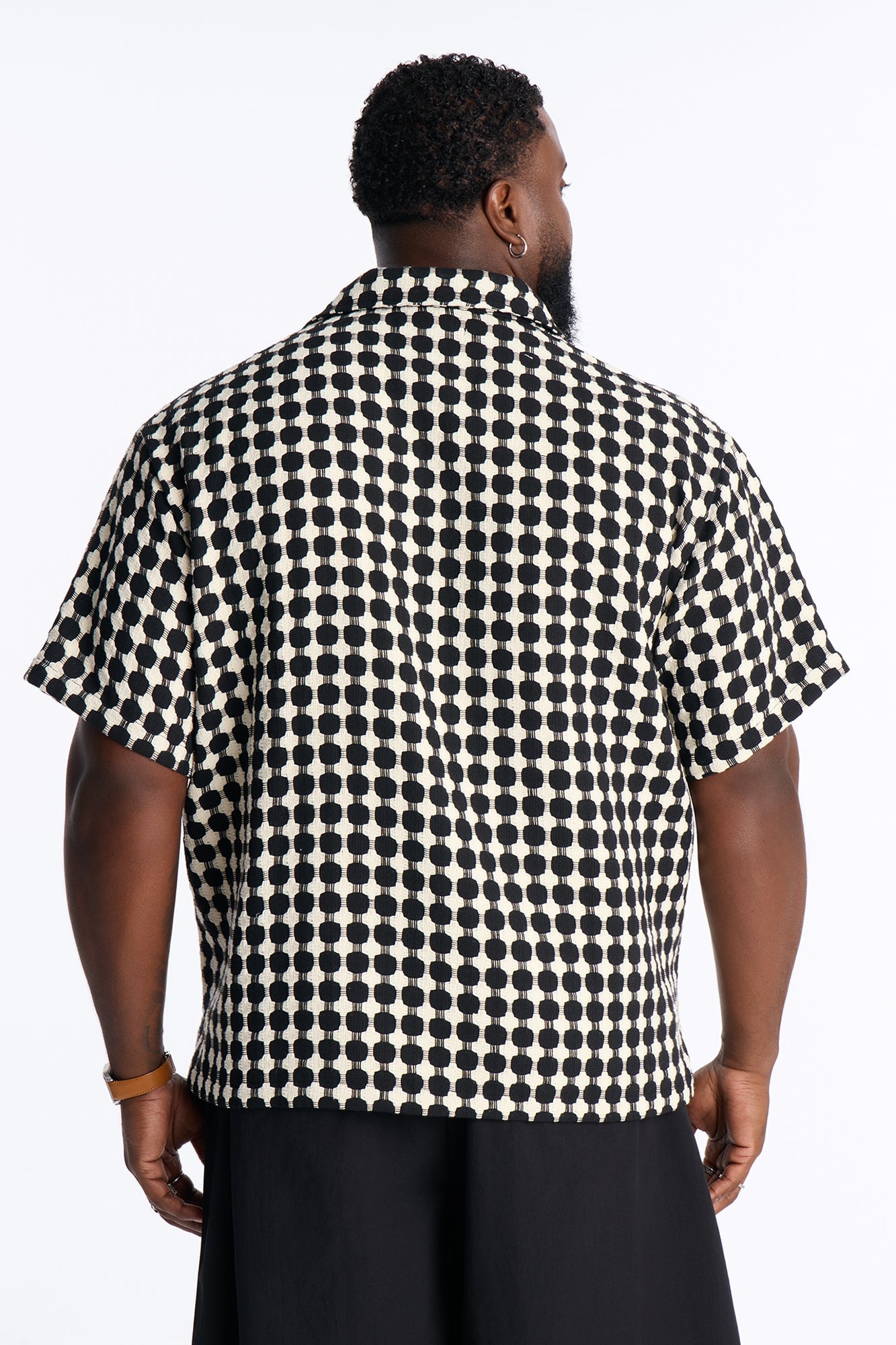 Relaxed Weaved Jacquard Cuban Collar Button Up Shirt - Black/combo image 4