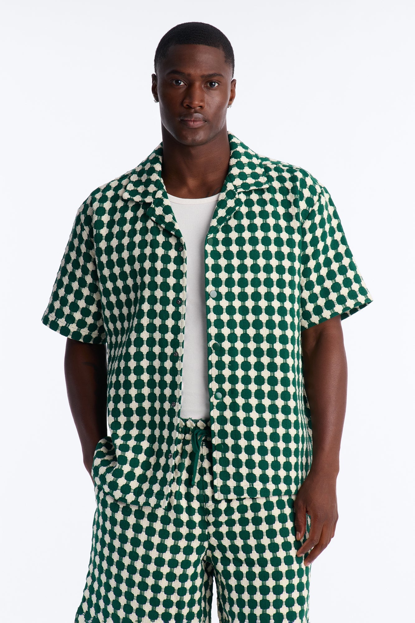 Relaxed Weaved Jacquard Cuban Collar Button Up Shirt - Green/combo image 5