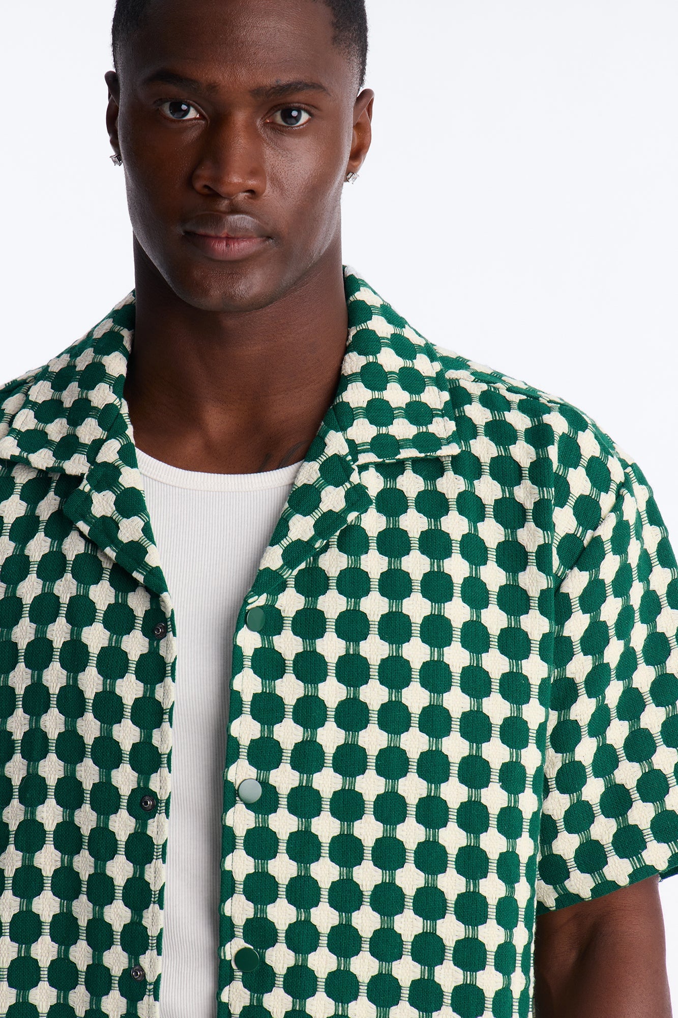 Relaxed Weaved Jacquard Cuban Collar Button Up Shirt - Green/combo image 7
