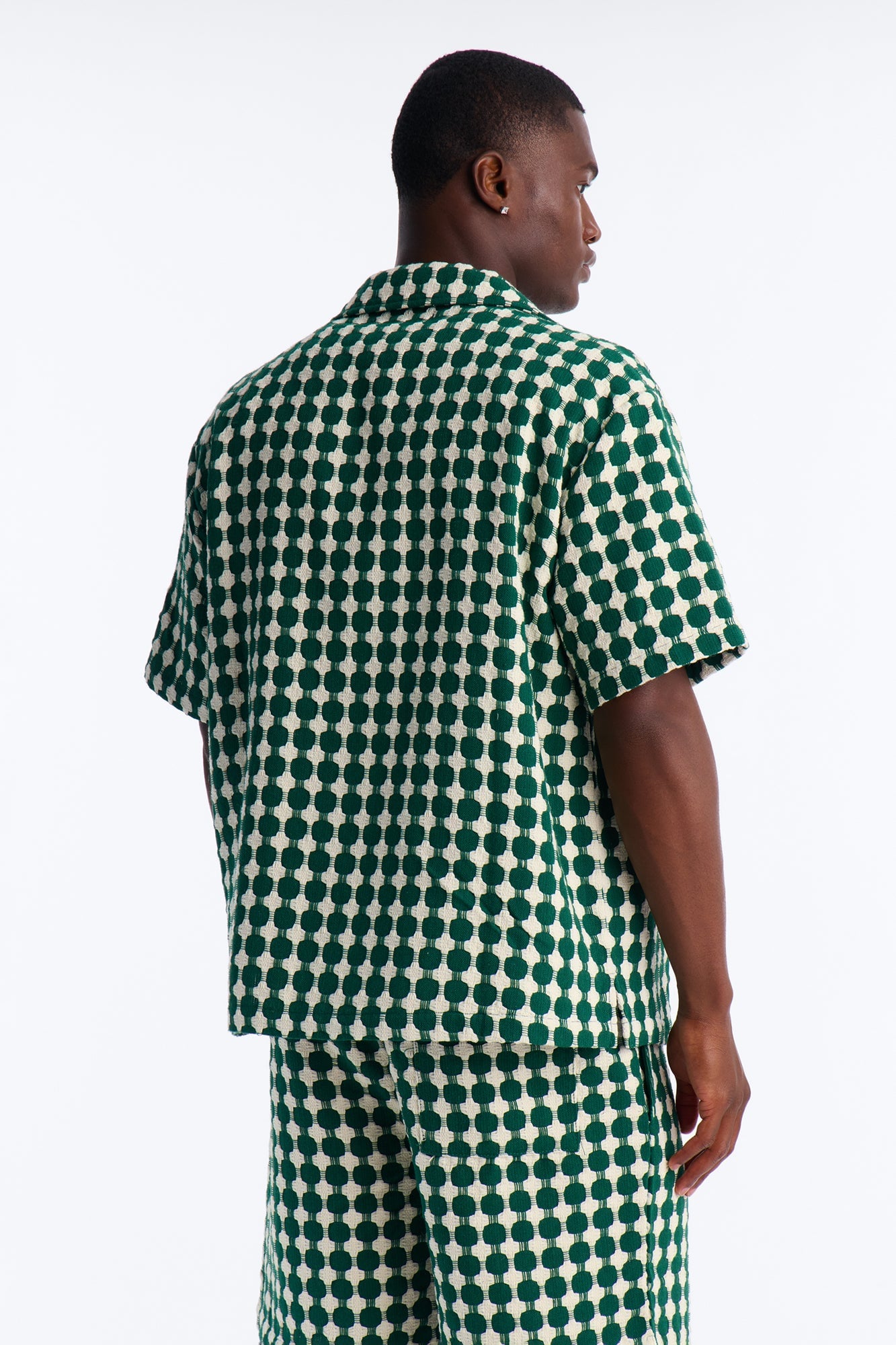 Relaxed Weaved Jacquard Cuban Collar Button Up Shirt - Green/combo image 8