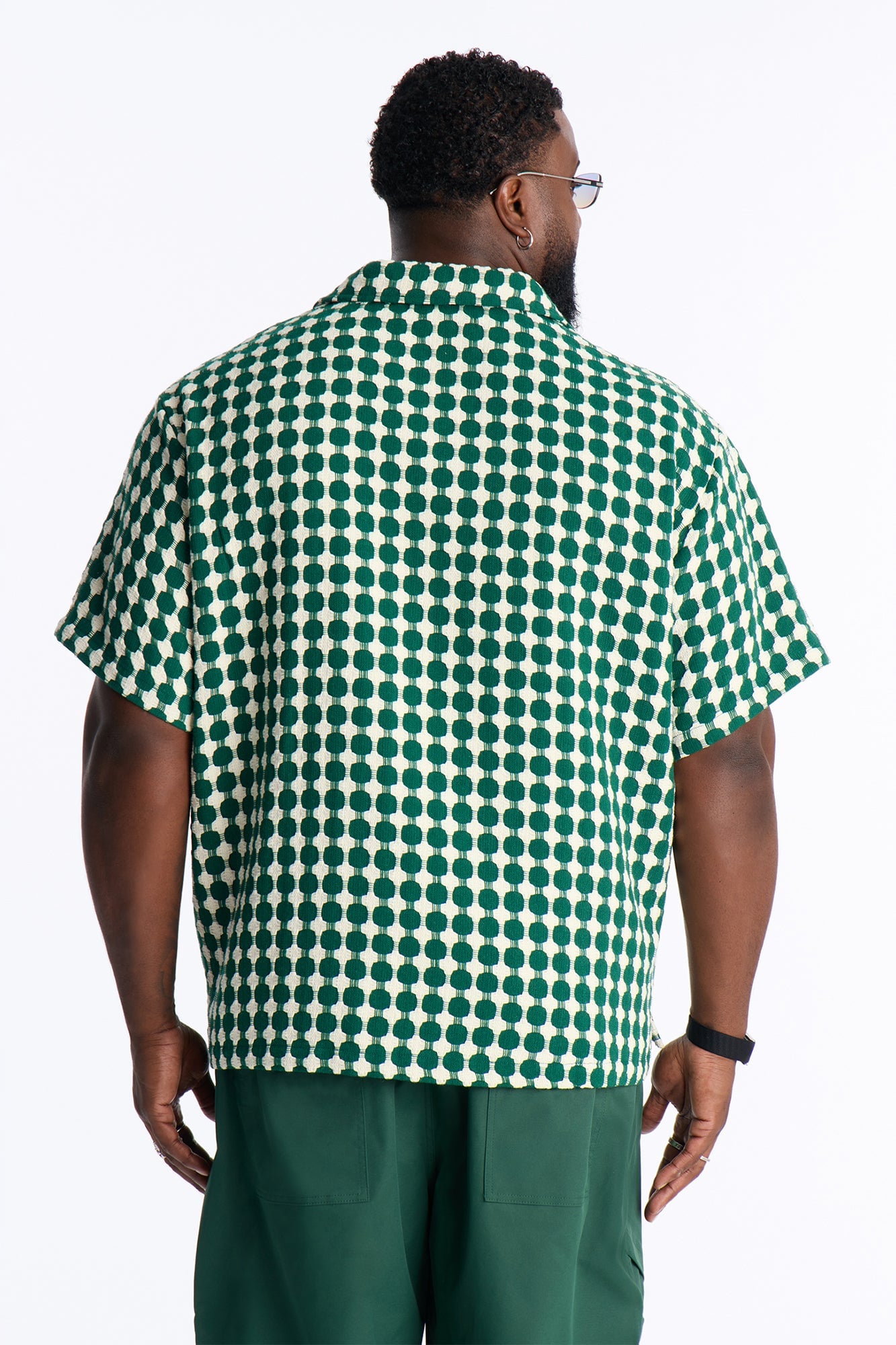 Relaxed Weaved Jacquard Cuban Collar Button Up Shirt - Green/combo image 4