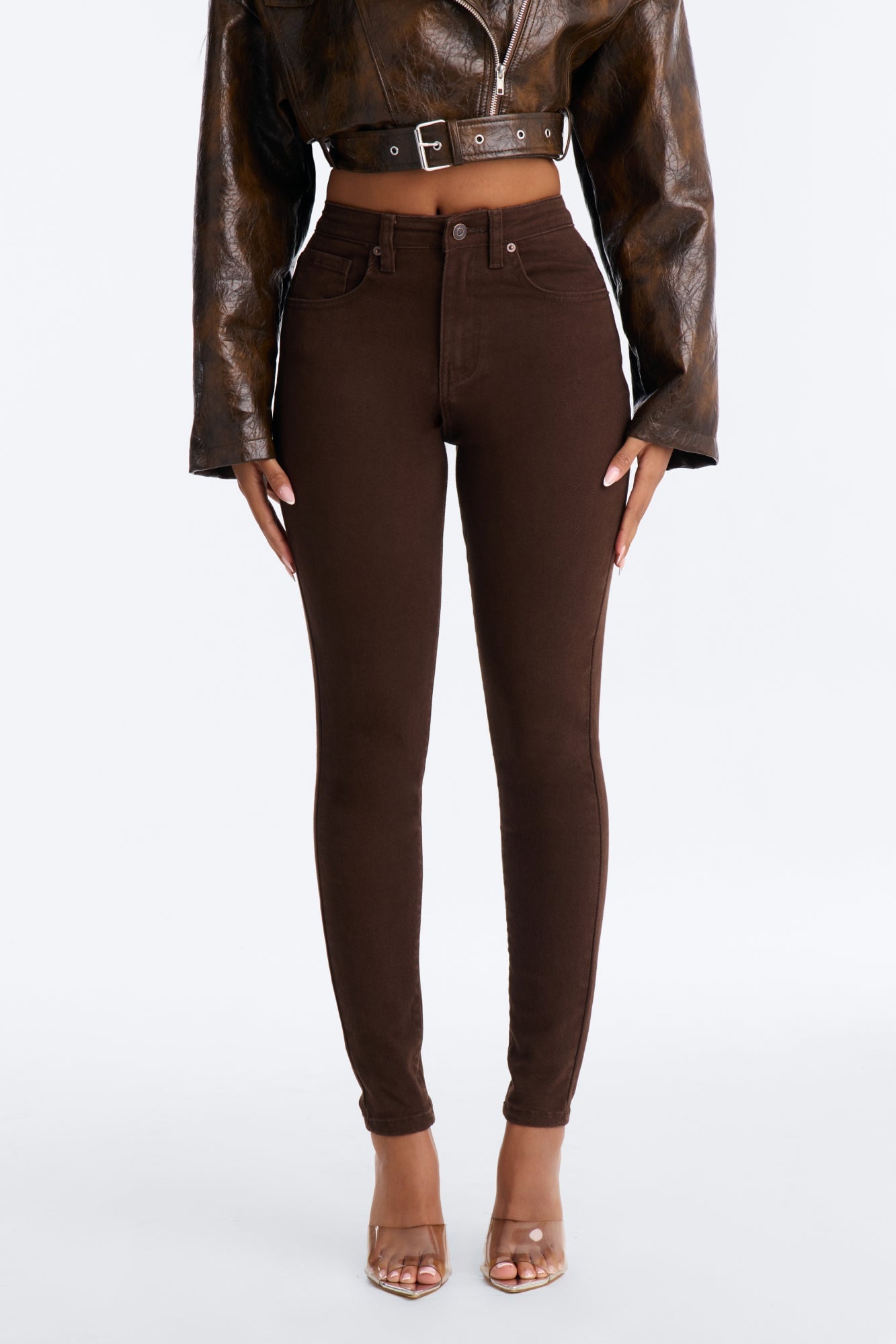 Going Downtown Mid Rise Stretch Skinny Jeans - Brown image 2