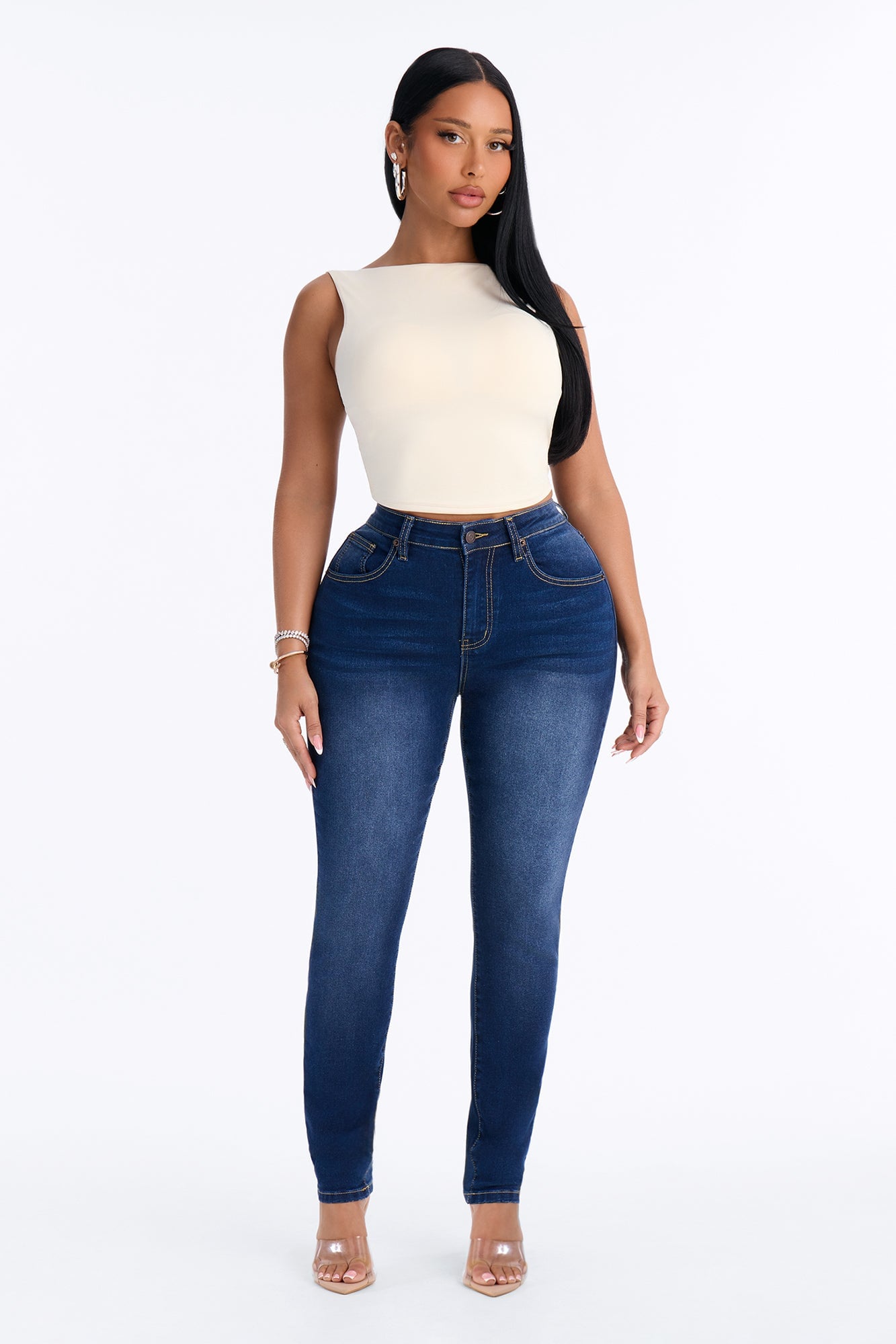 Going Uptown Mid Rise Stretch Skinny Jeans - Dark Wash image 5