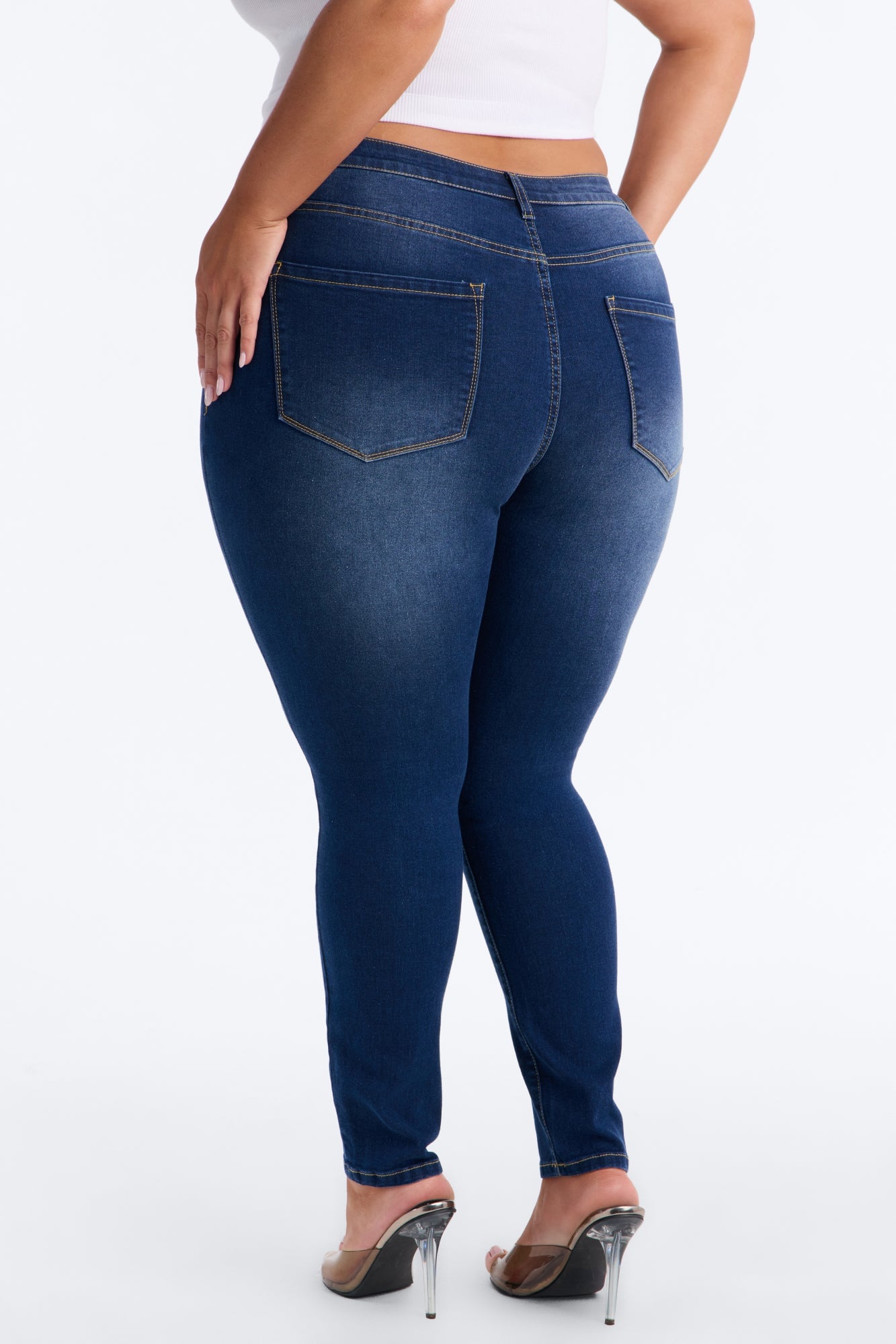 Going Uptown Mid Rise Stretch Skinny Jeans - Dark Wash image 4