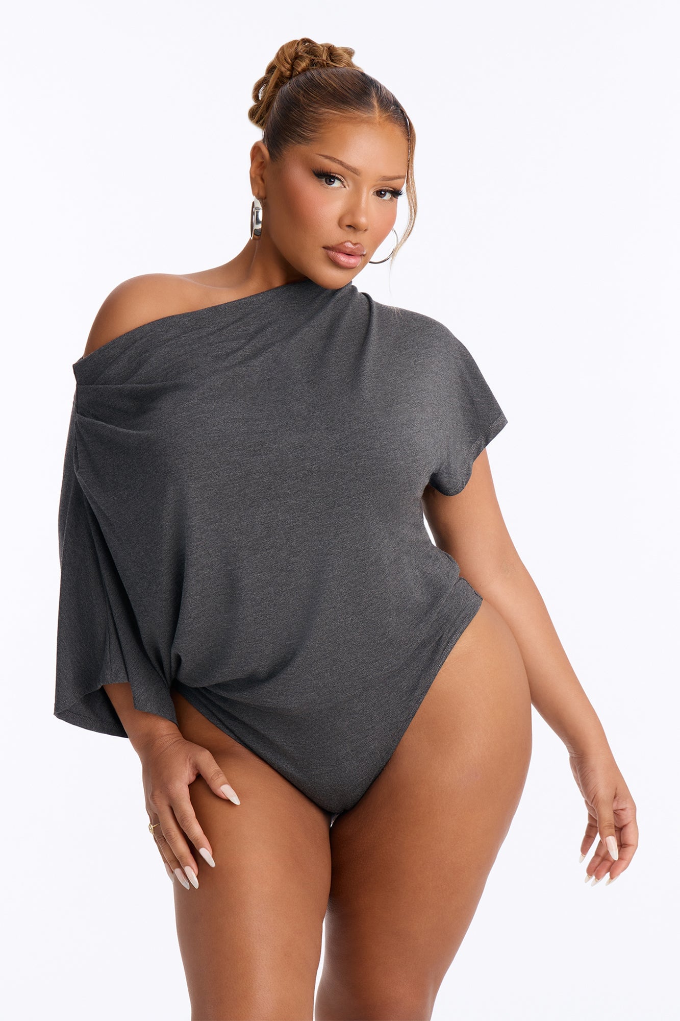 Flatter Me Off Shoulder Bodysuit - Charcoal