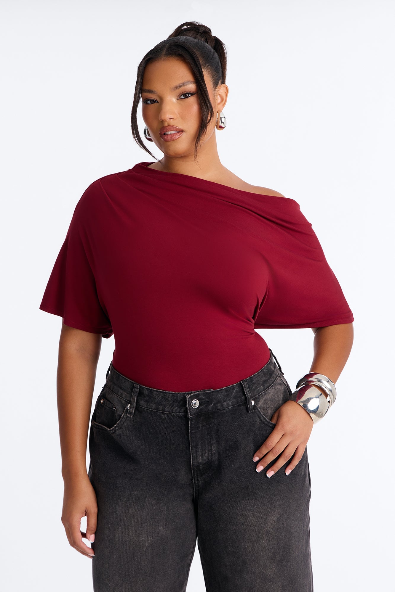 Flatter Me Off Shoulder Bodysuit - Wine image 3