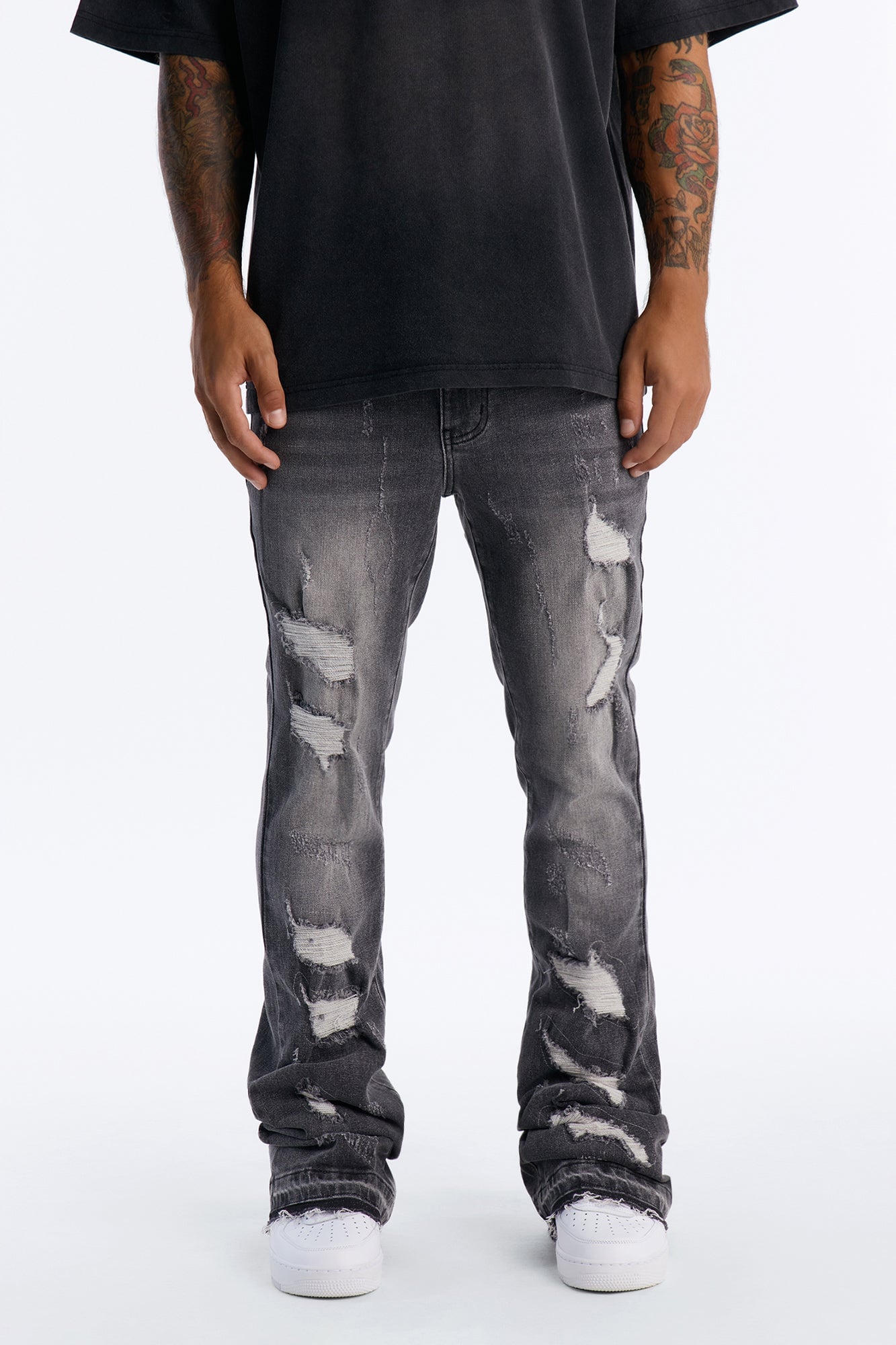 Cuff Me Stacked Skinny Flared Jeans - Grey image 5