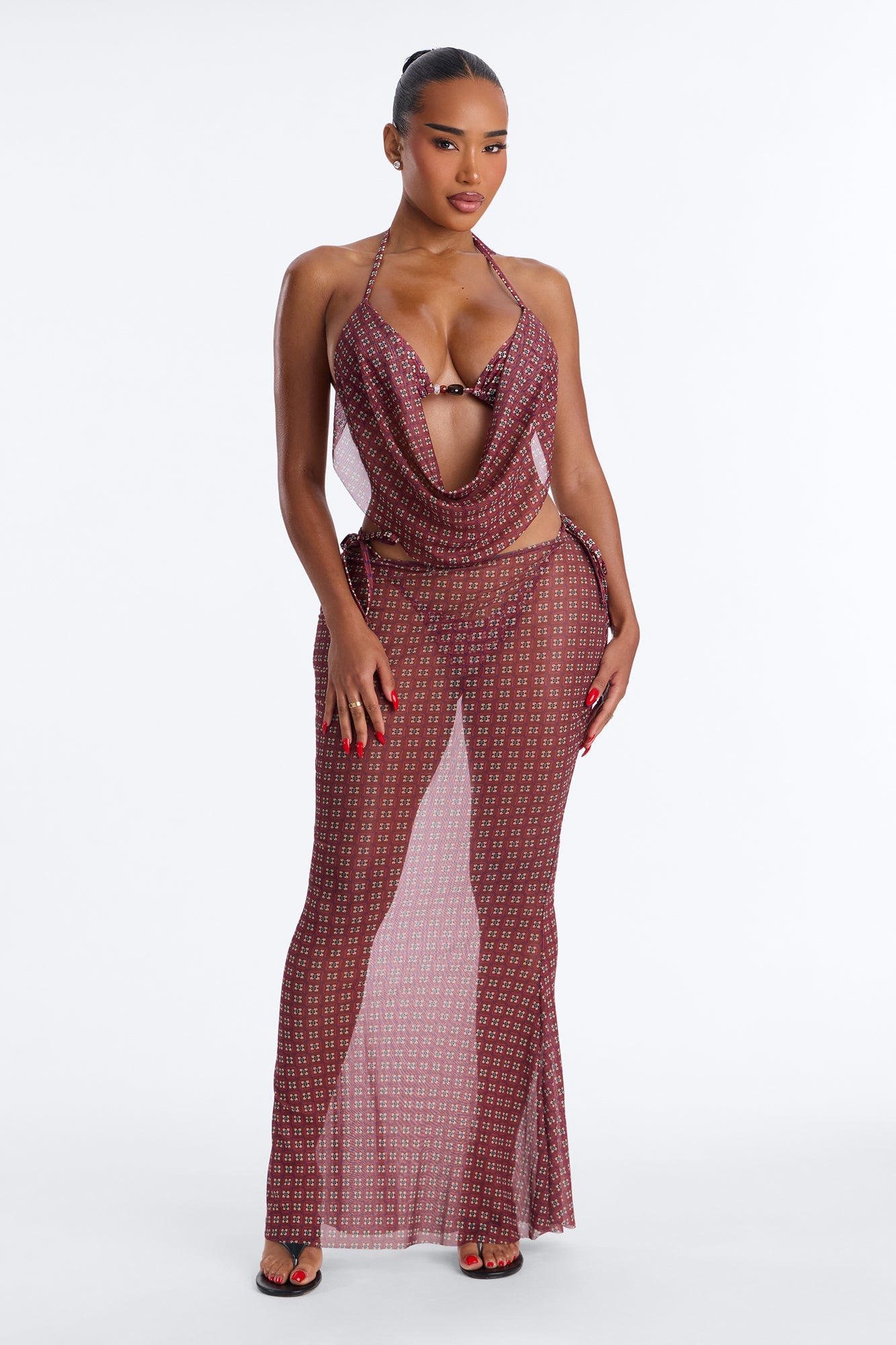 Lola Beaded 3 Piece Triangle Bikini & Mesh Cover Up Skirt Sunsuit - Brown/combo image 7