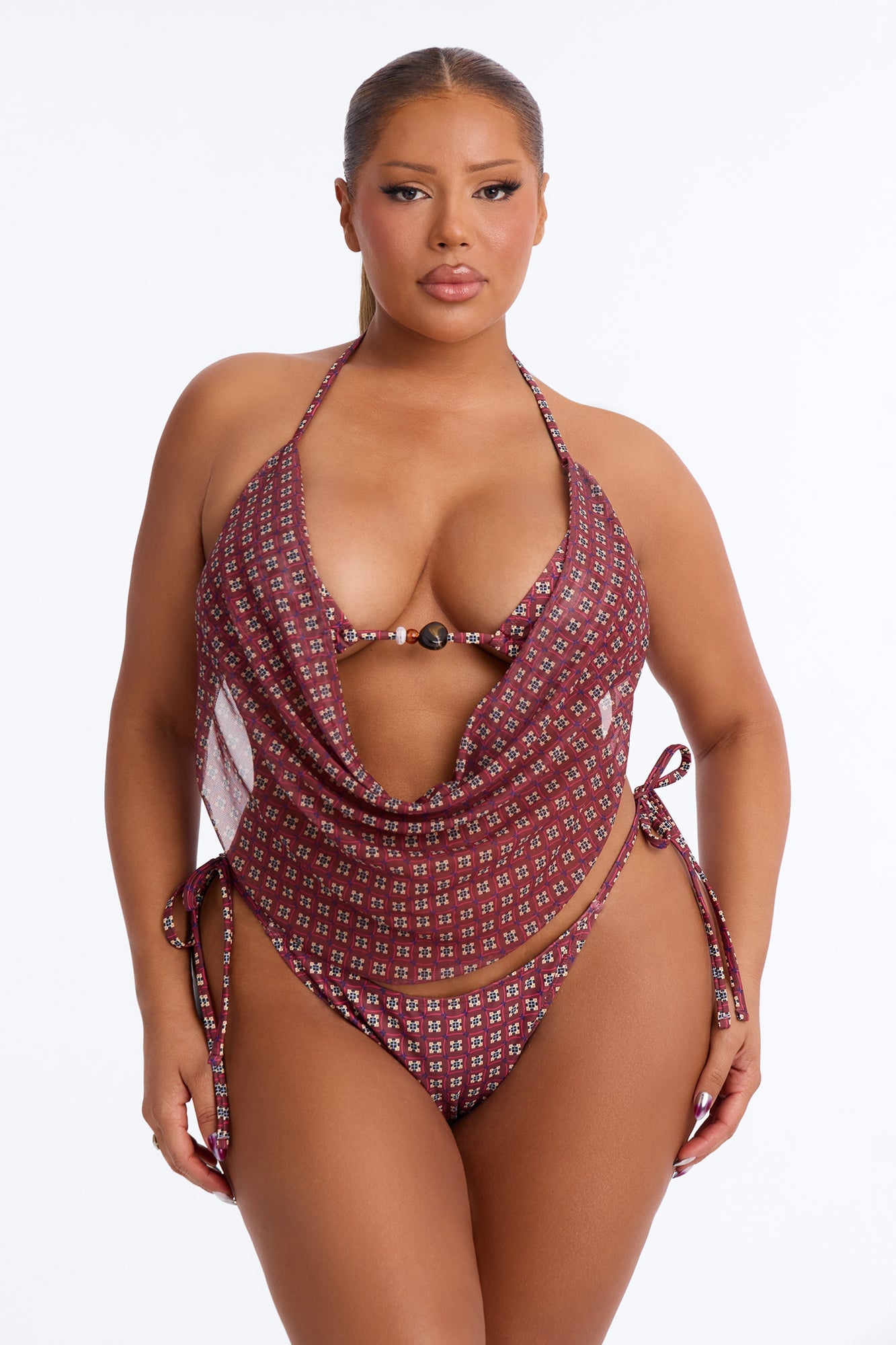 Lola Beaded 3 Piece Triangle Bikini & Mesh Cover Up Skirt Sunsuit - Brown/combo image 5