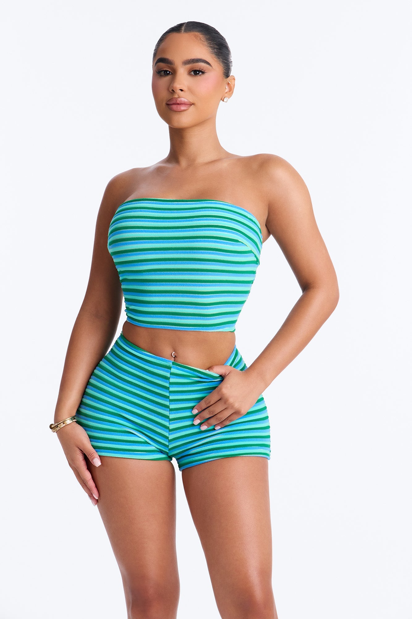 Ivana Striped 2 Piece Bandeau Bikini & Boy Short Set - Blue/combo image 4
