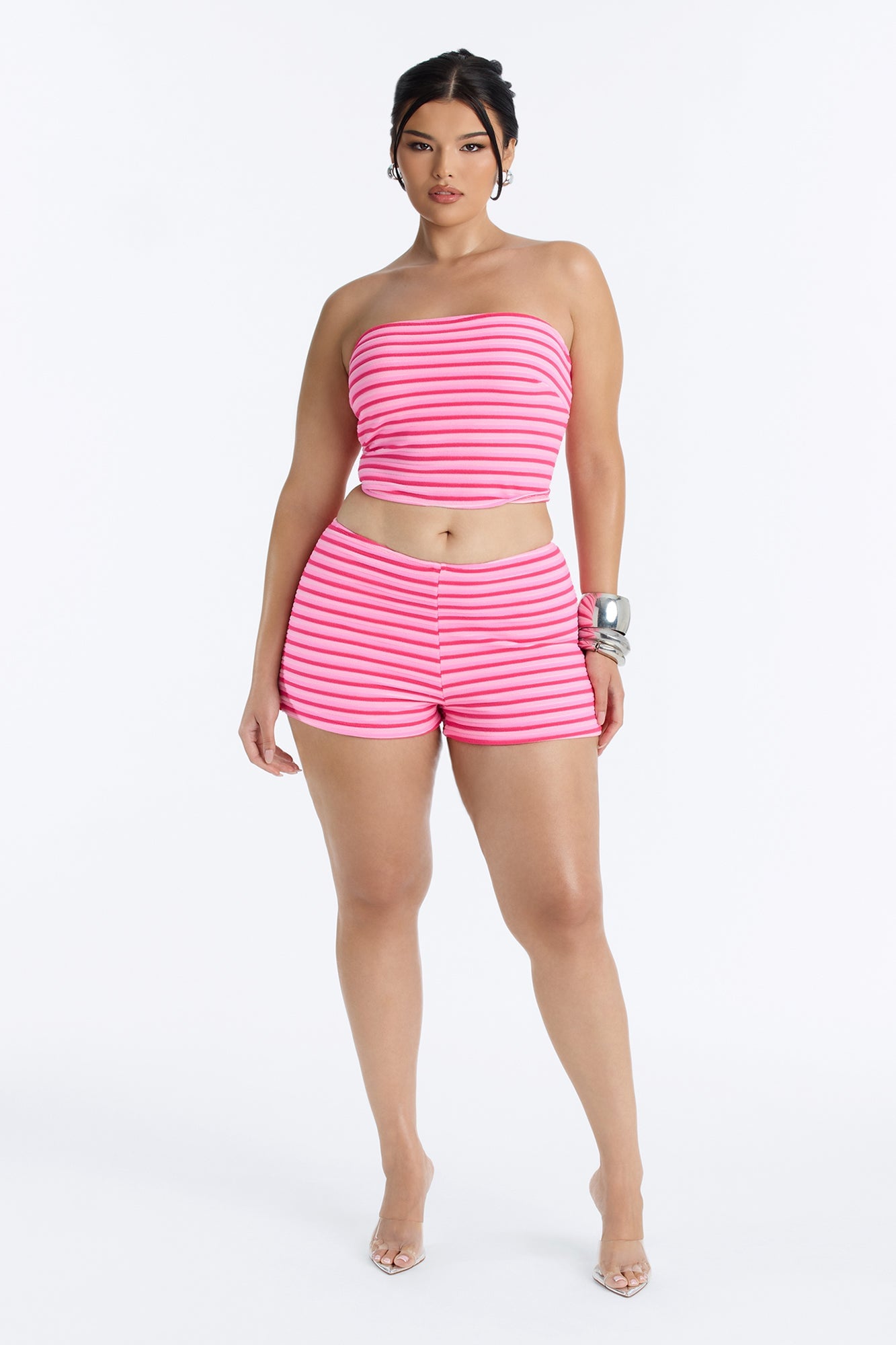 Ivana Striped 2 Piece Bandeau Bikini & Boy Short Set - Pink/combo image 2