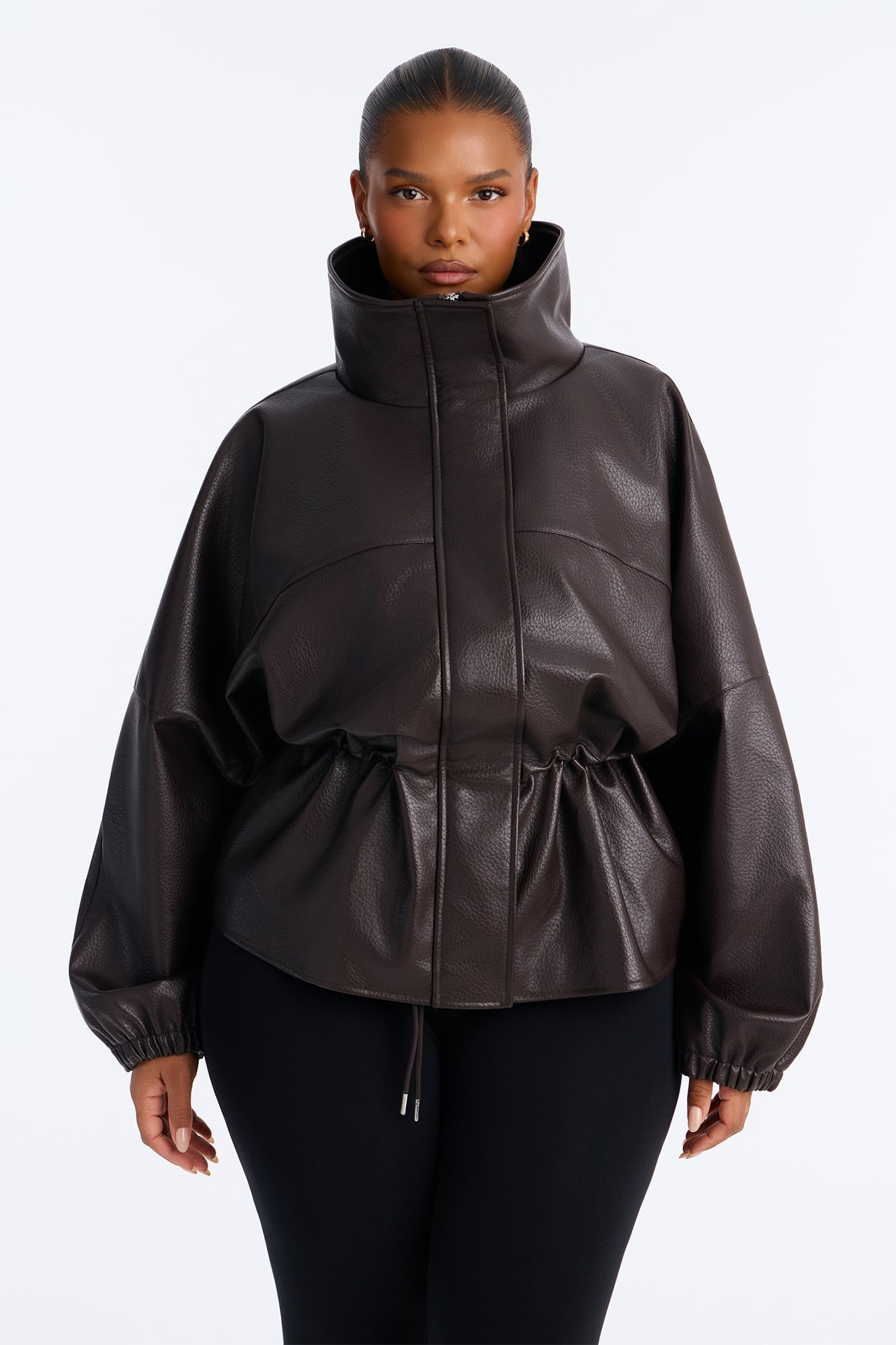Effortless Funnel Neck Faux Leather Anorak - Chocolate image 1