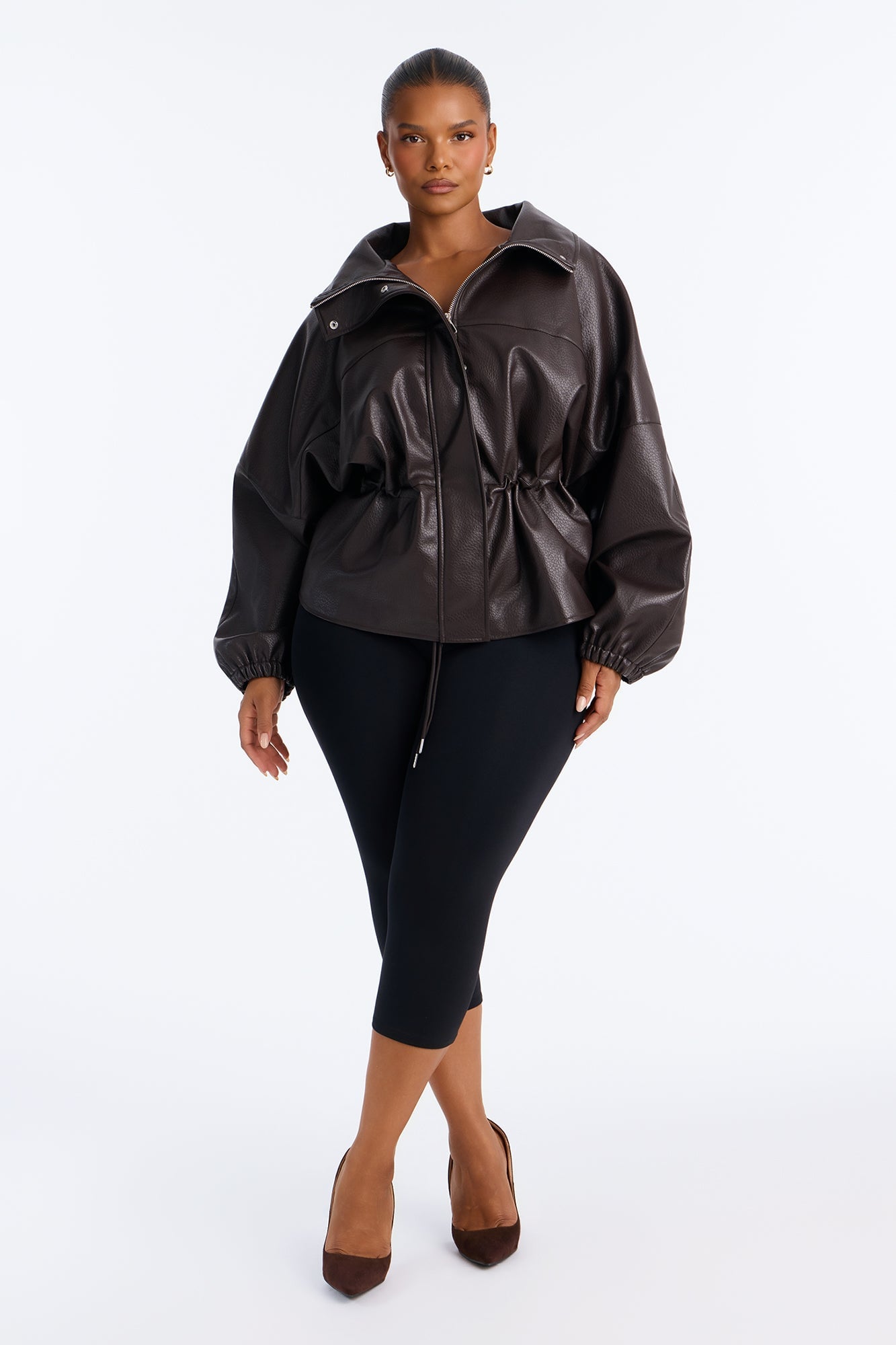 Effortless Funnel Neck Faux Leather Anorak - Chocolate image 2