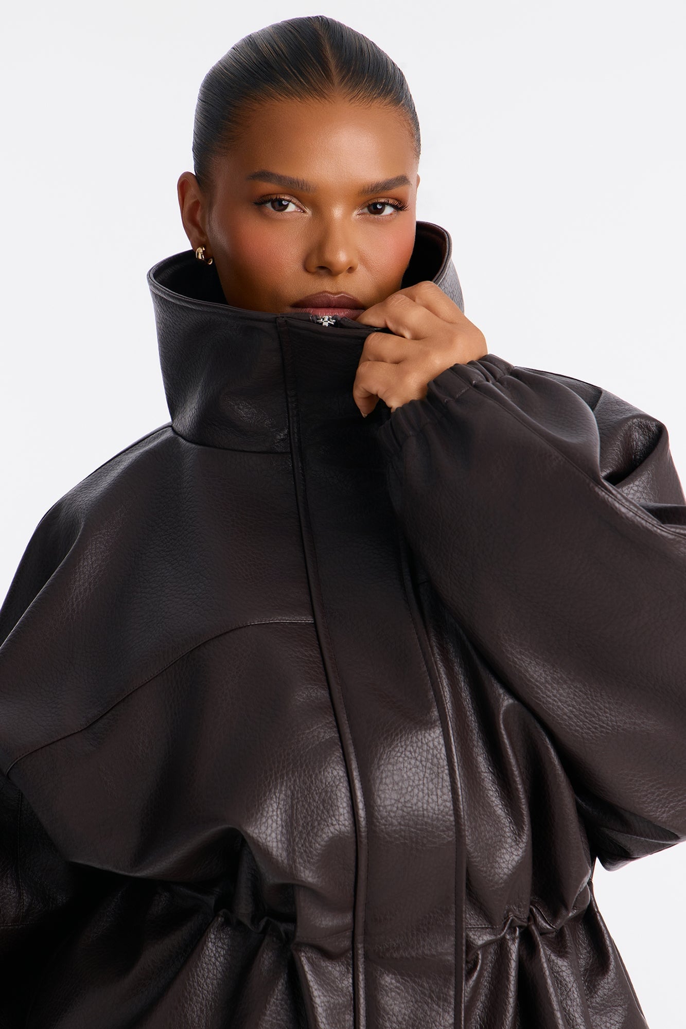 Effortless Funnel Neck Faux Leather Anorak - Chocolate image 3