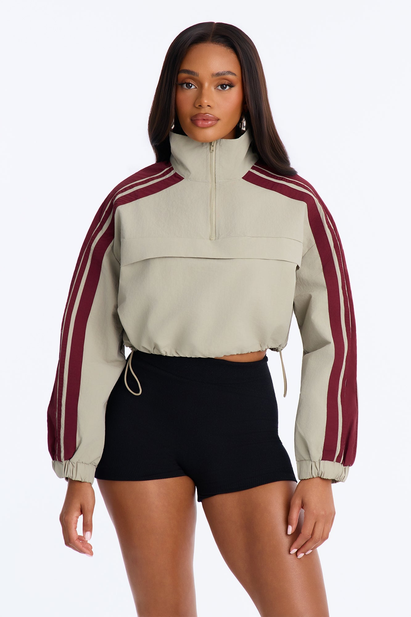 Power Moves Cropped Half Zip Funnel Neck Windbreaker Jacket - Olive/combo image 5