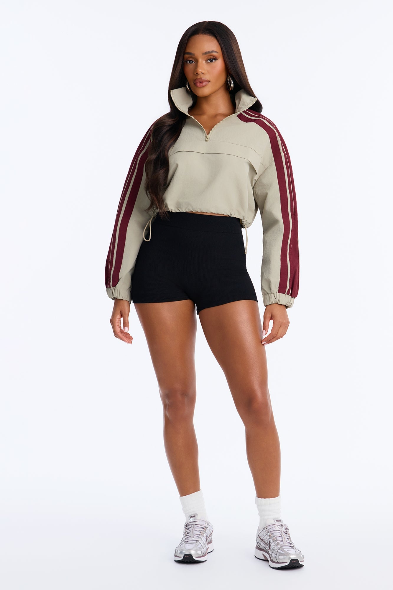 Power Moves Cropped Half Zip Funnel Neck Windbreaker Jacket - Olive/combo image 6