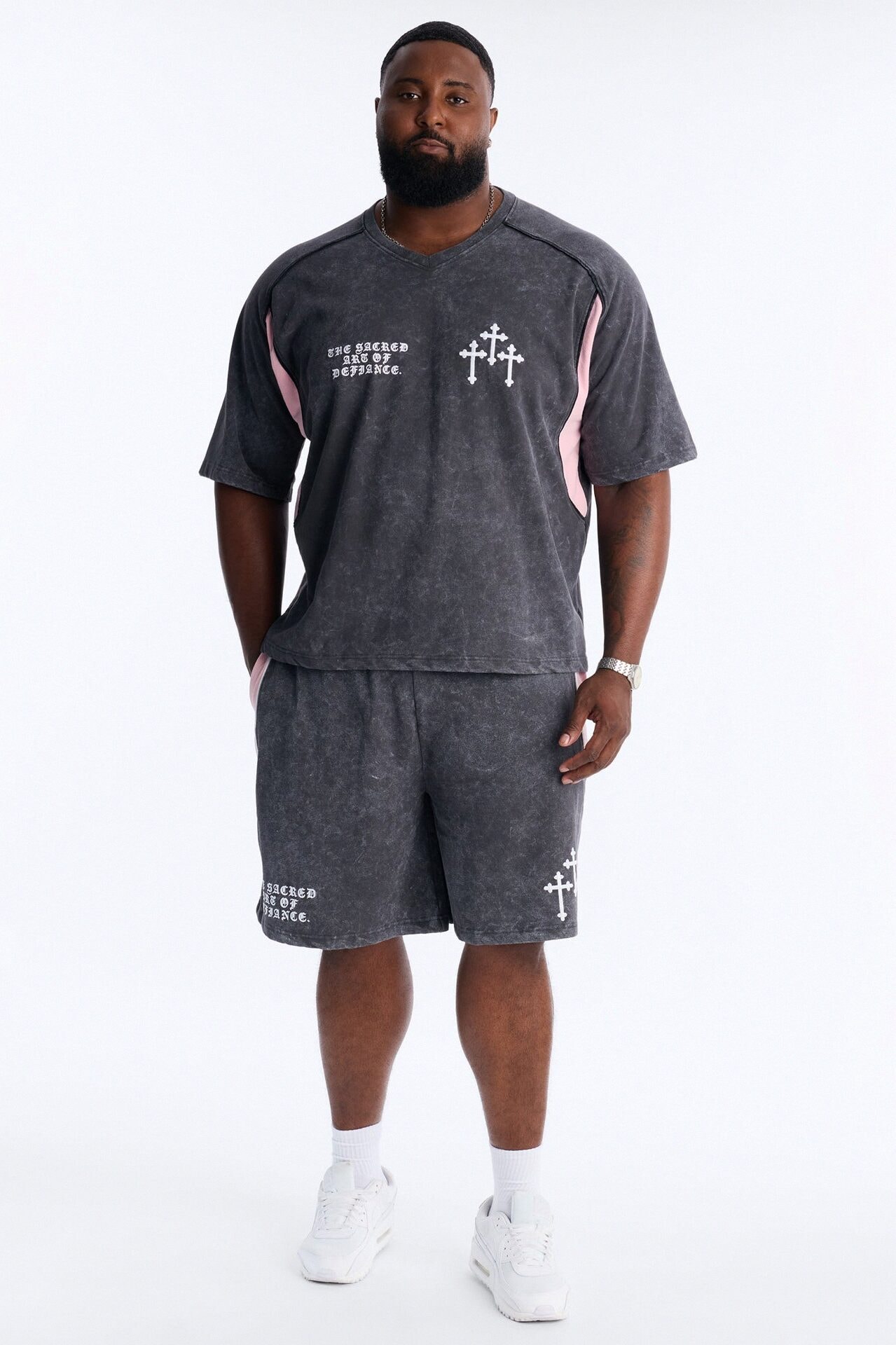 Sacred Embroidery Paneled Sweatshorts - Black image 1