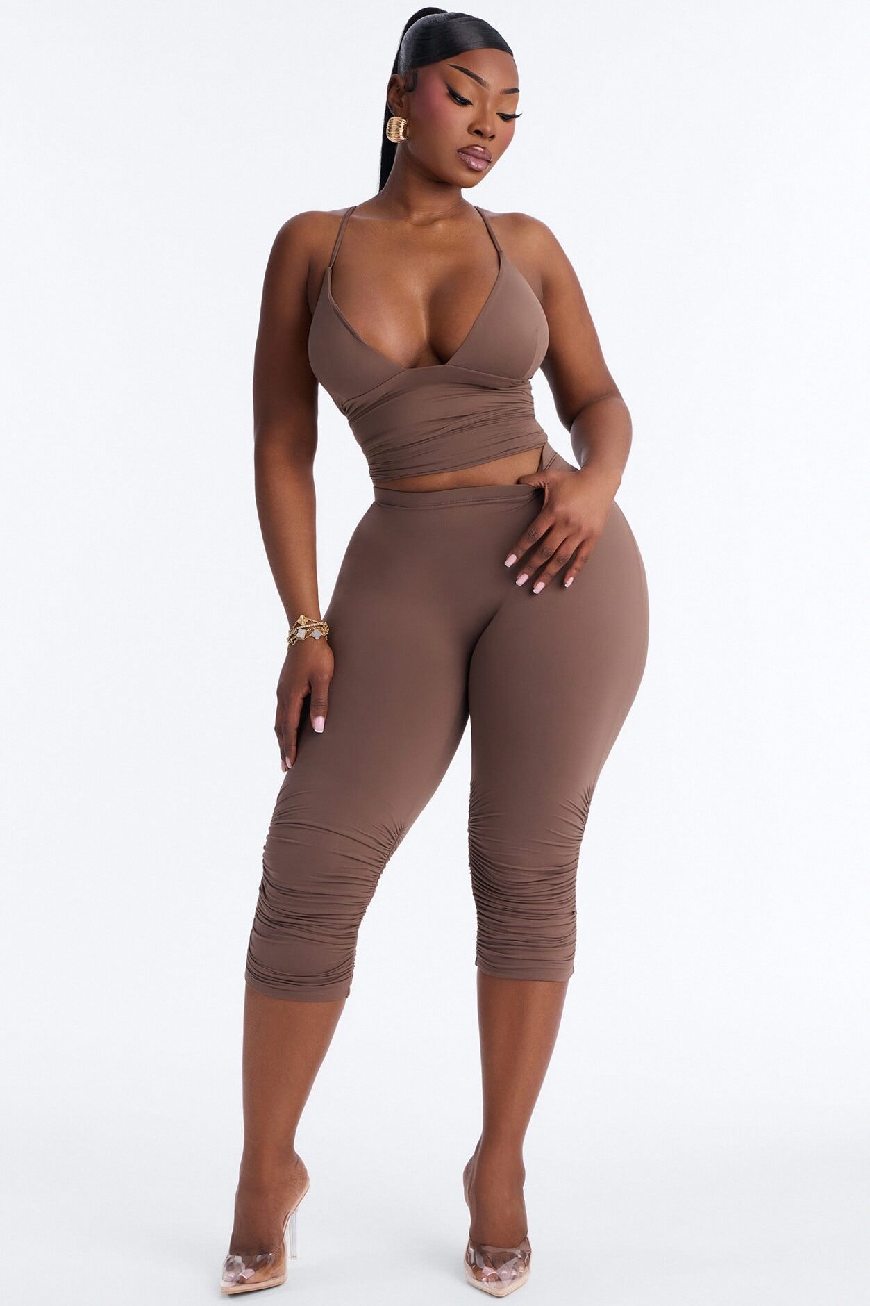 Second Skin Double Lined Ruched Low Rise Capri Legging - Brown image 1