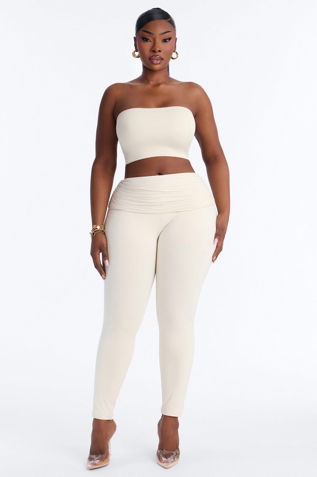 Second Skin Double Lined Ruched Foldover Leggings - Bone image 1