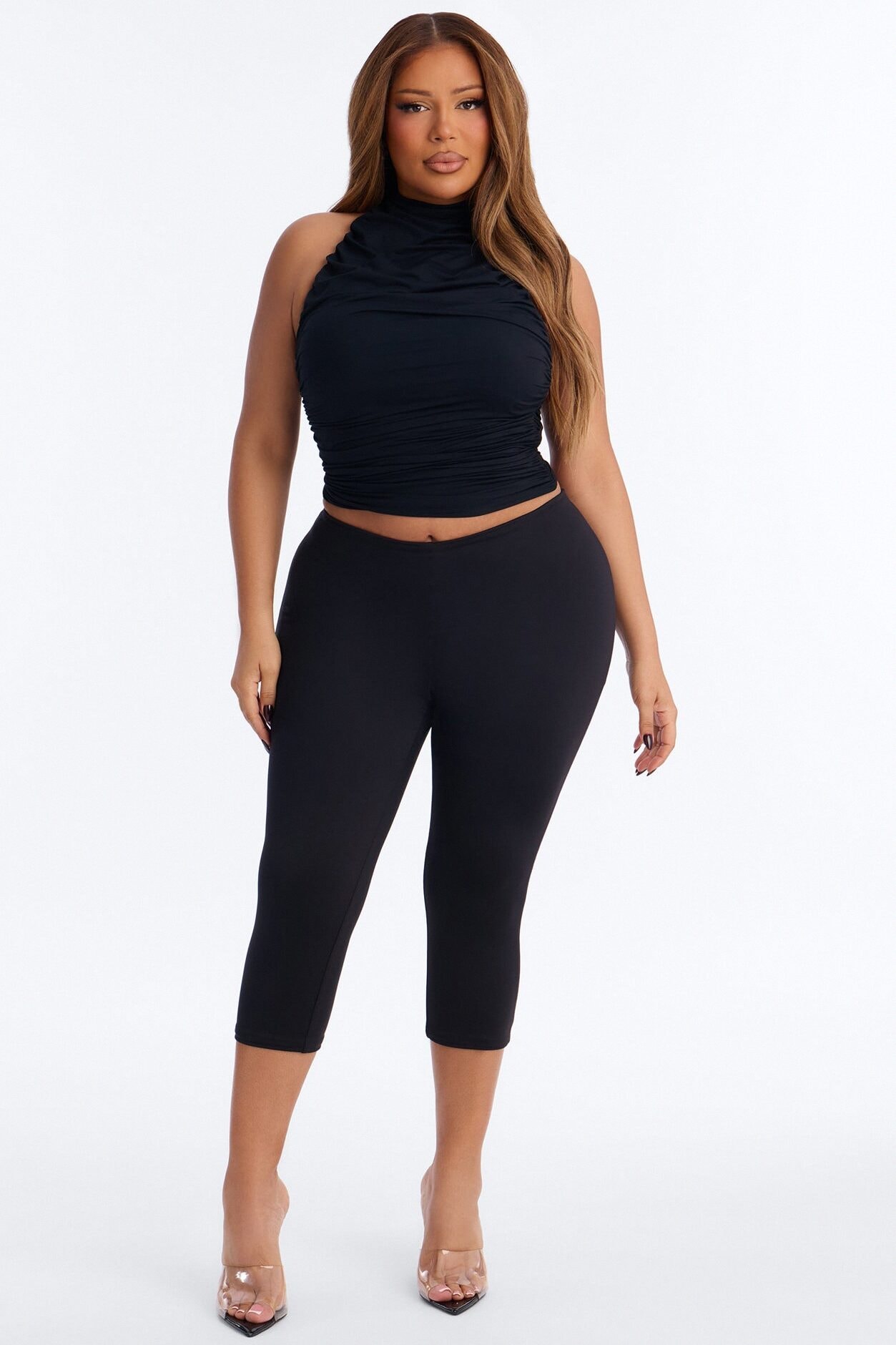Second Skin Double Lined Ruched Mock Neck Halter Top - Black image 1