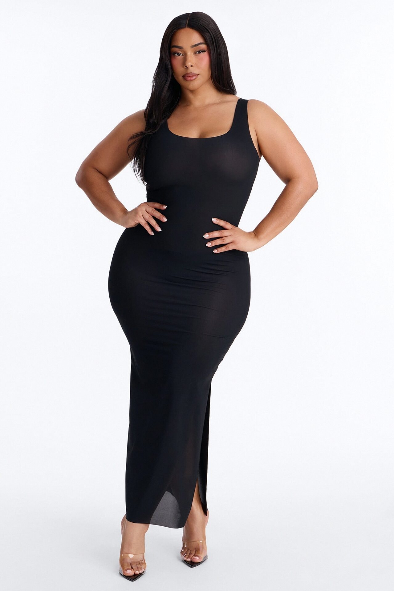 Power Mesh Low Scoop Back Sleeveless Maxi Dress - Black image 1