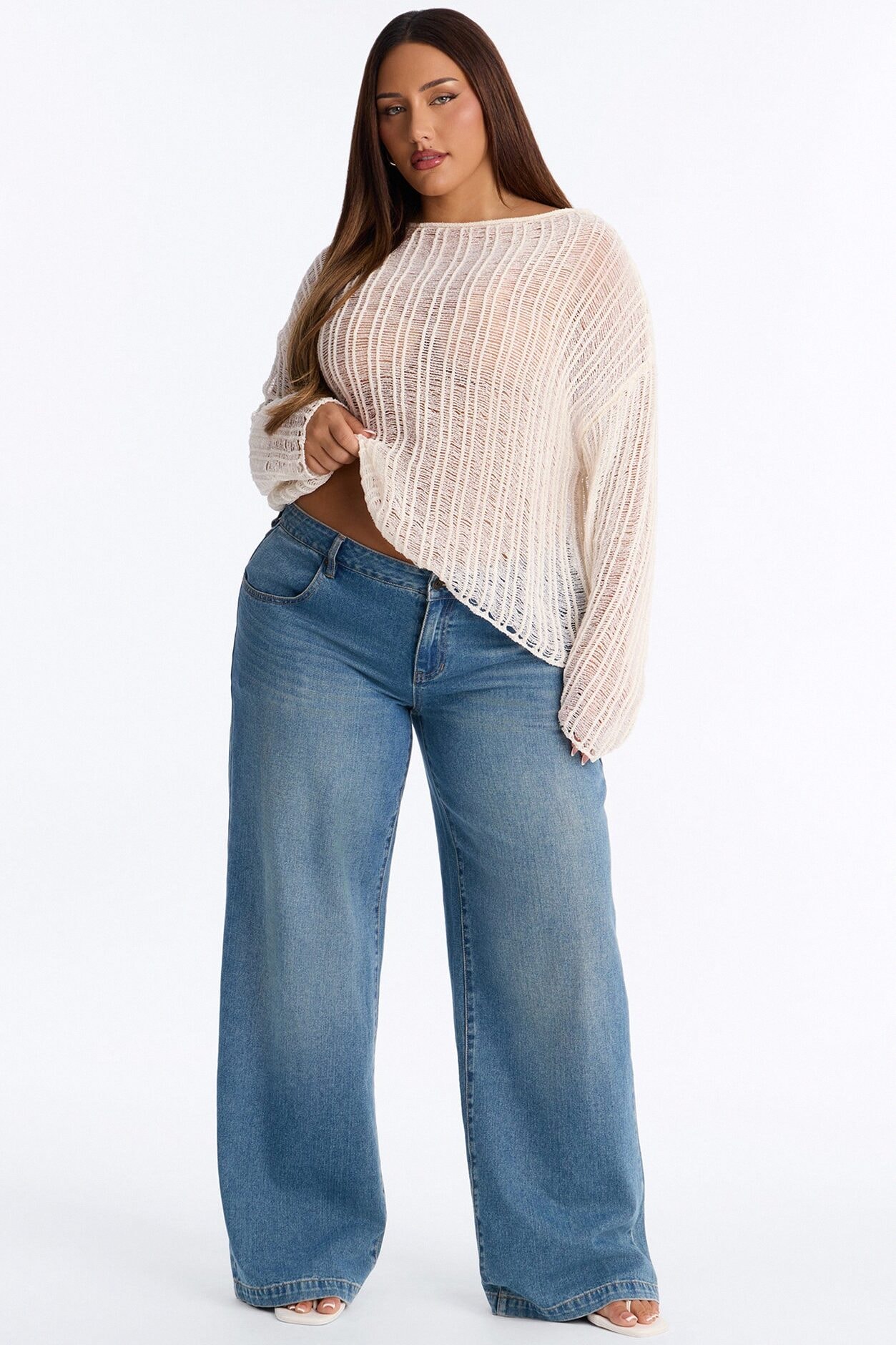 Arden Long Sleeve Distressed Sweater - Cream image 1