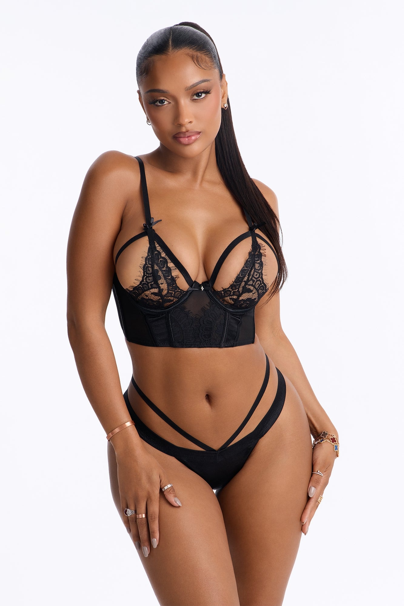 All For You Satin Longline Open Cup Underwire Strappy Panty 2 Piece Set - Black image 1