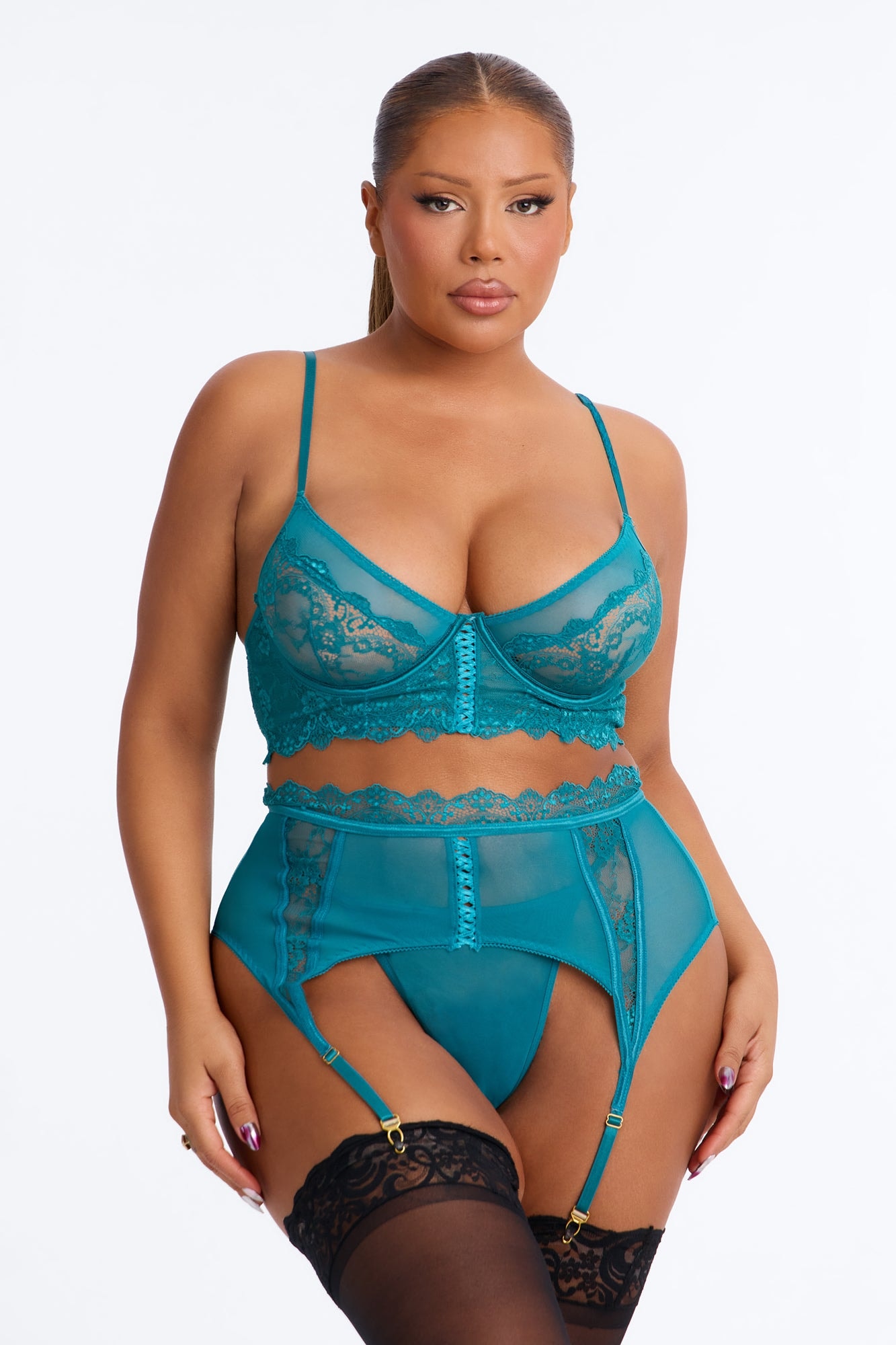 Locked Me Up Sheer Underwire Lace Trim Garter Belt 3 Piece Set - Teal image 1