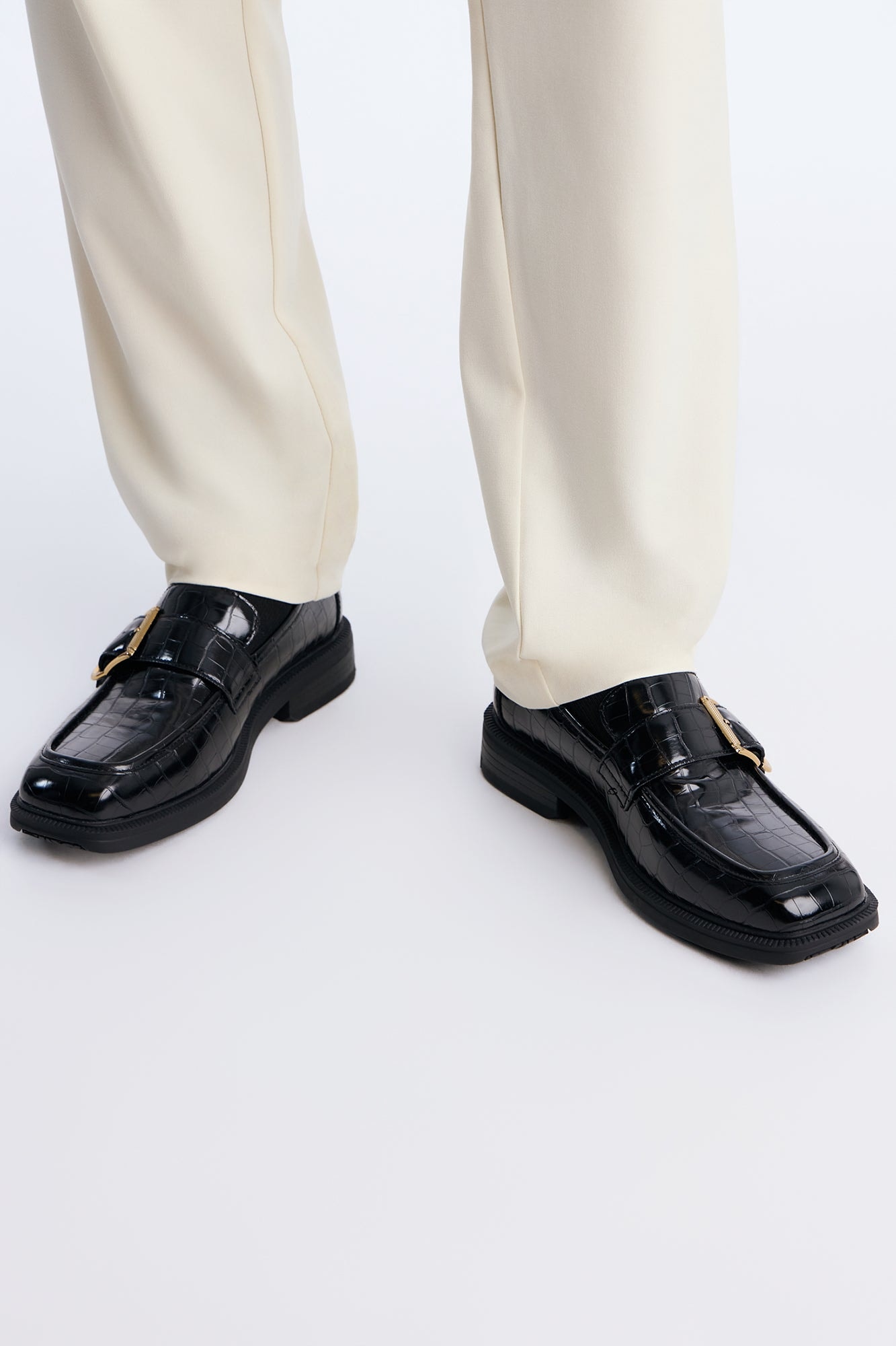 Buckled Croc Faux Leather Slip On Loafer - Black image 1