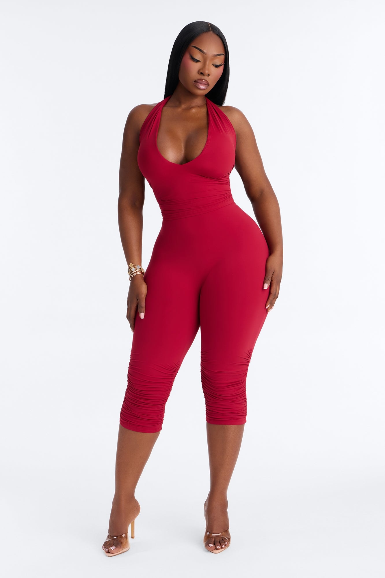 Second Skin Double Lined Ruched Low Rise Capri Legging - DarkRed image 1