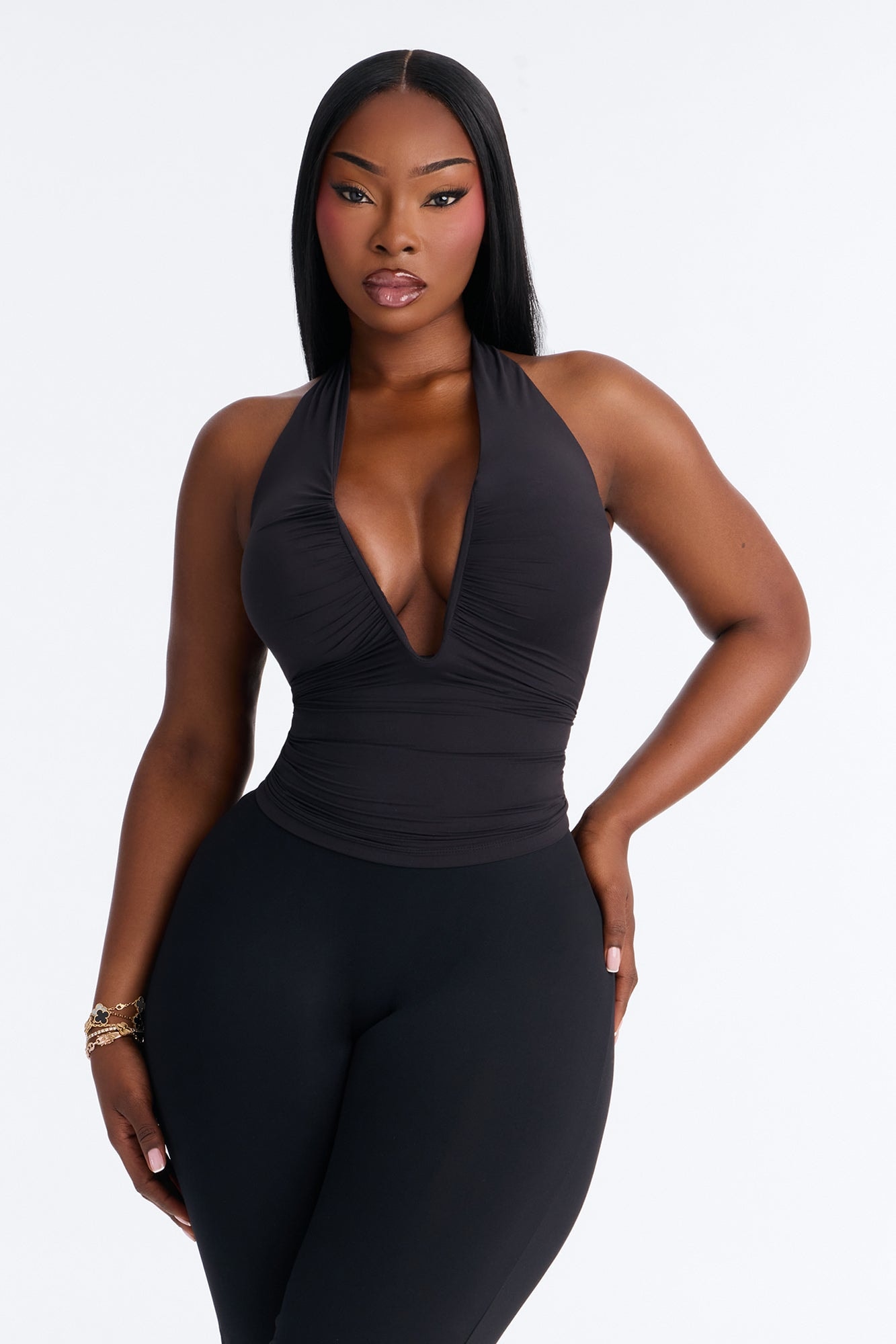 Second Skin Double Lined Ruched V Wire Halter Top - Black image 1