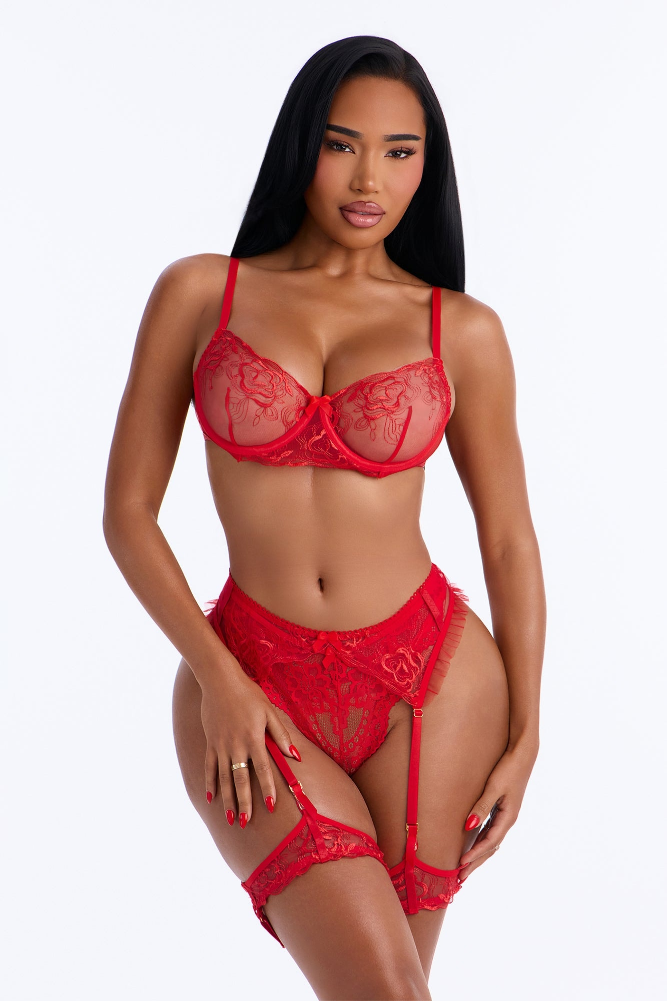 Alessia Mesh Lace 4 Piece Bra & Panty Garter Set - Red image 1