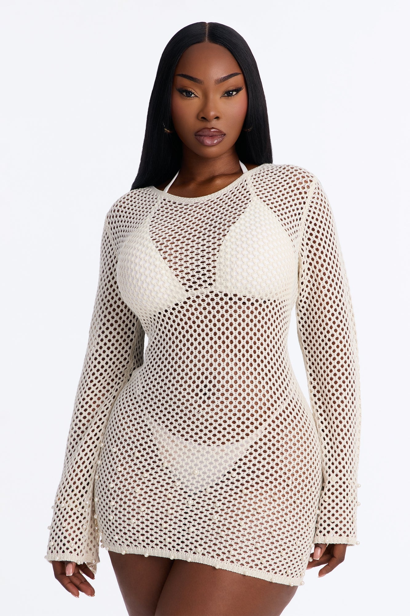 Adah Crochet Pearl Swim Cover Up Dress - Ivory image 1